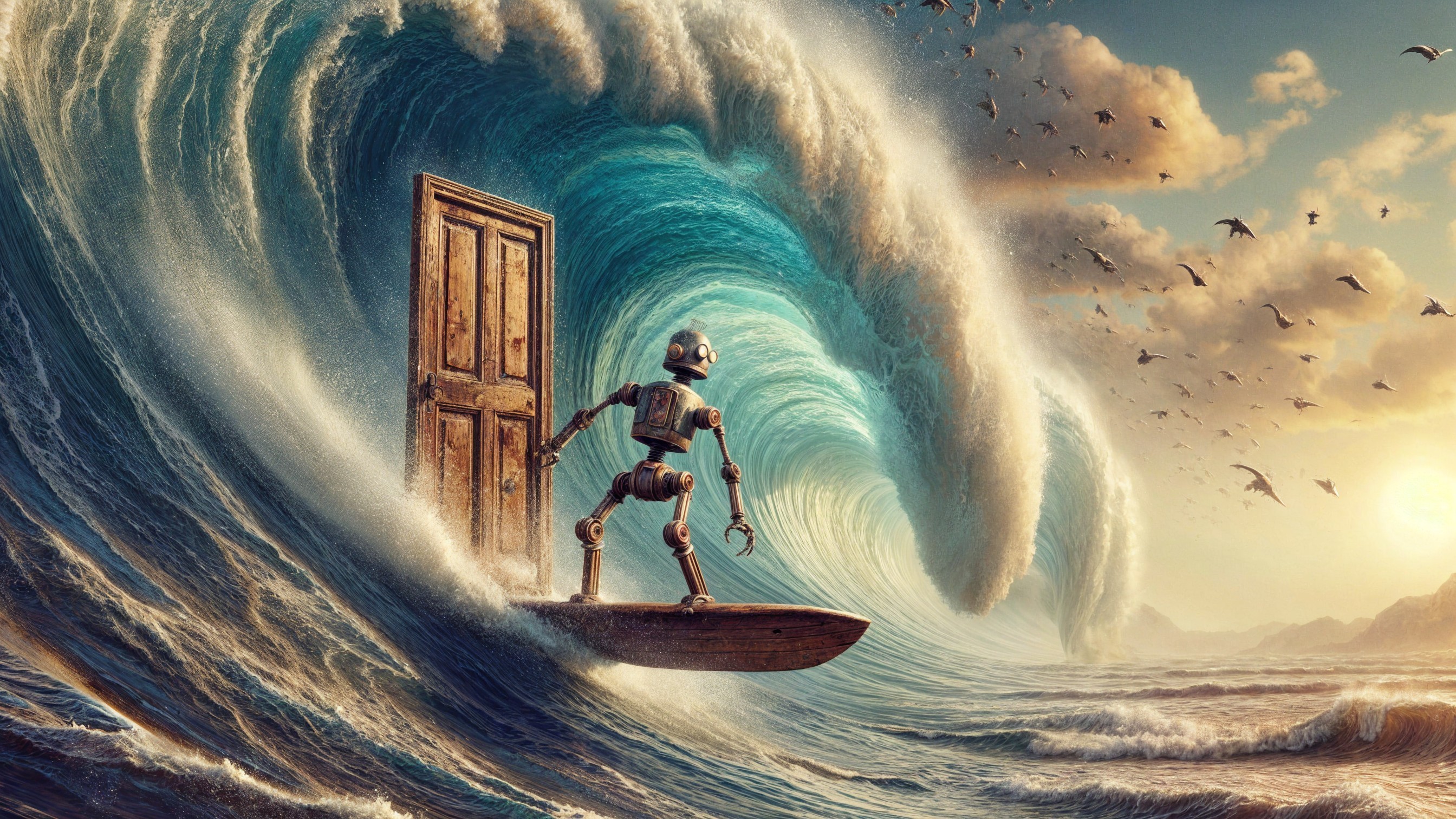 Robot on Surfboard in Surreal Ocean Wave Scene