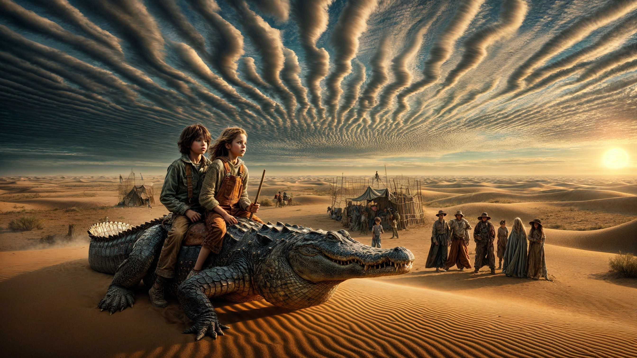 Children on Crocodile in Desert with Camp View