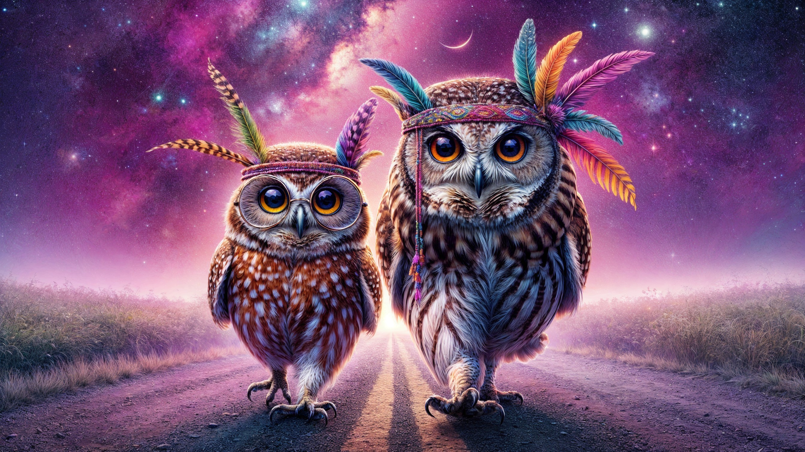 Owls in a Cosmic Setting Under a Starry Sky