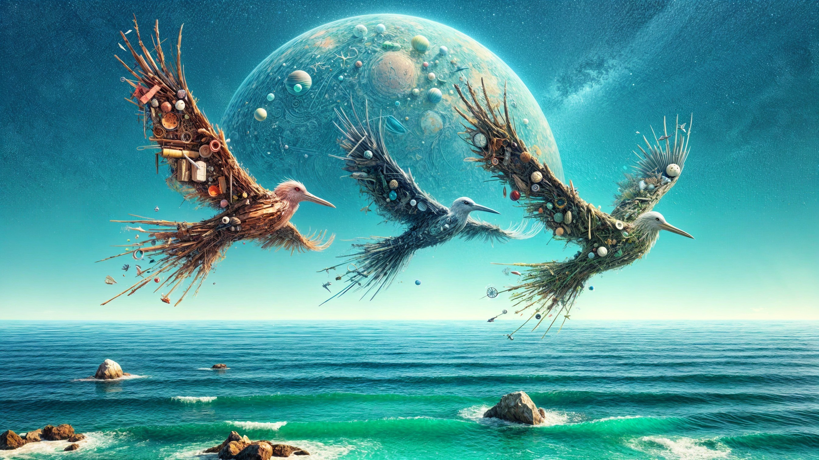 Majestic Birds Soaring Over Vibrant Ocean Landscape