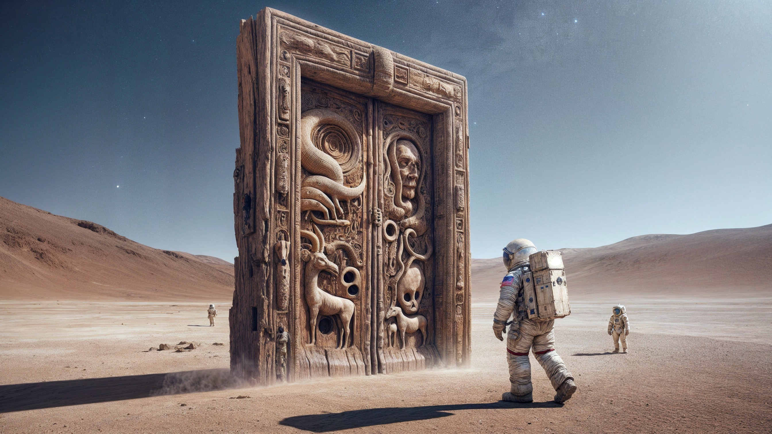 Ancient Stone Door in Alien Landscape with Carvings