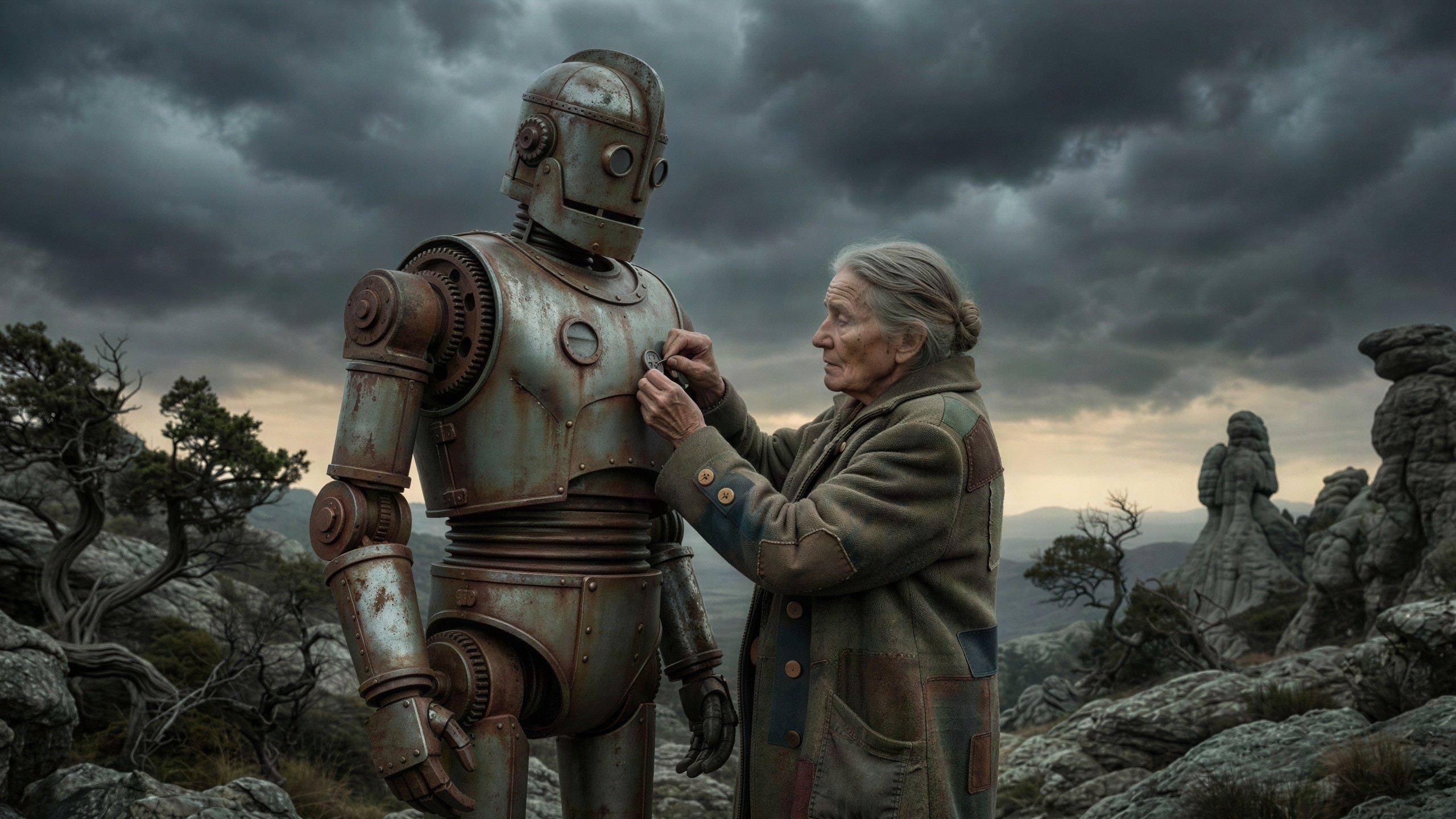 Elderly Woman Adjusts Badge on Vintage Robot in Landscape