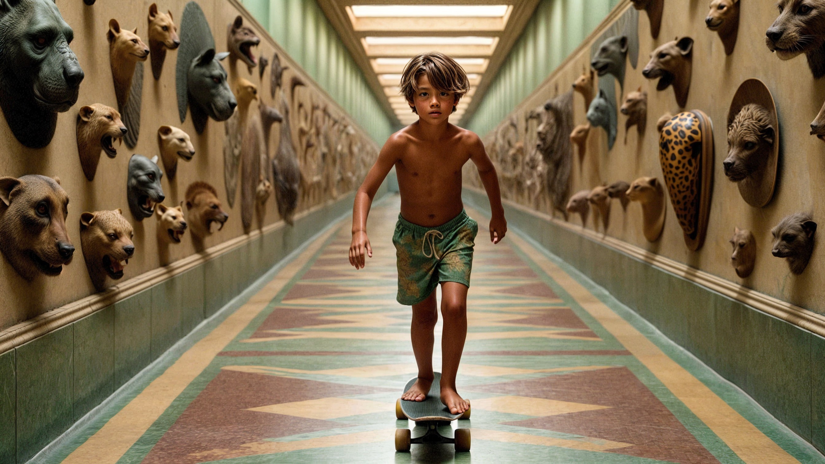 Young boy skateboards in ornate hallway with sculptures