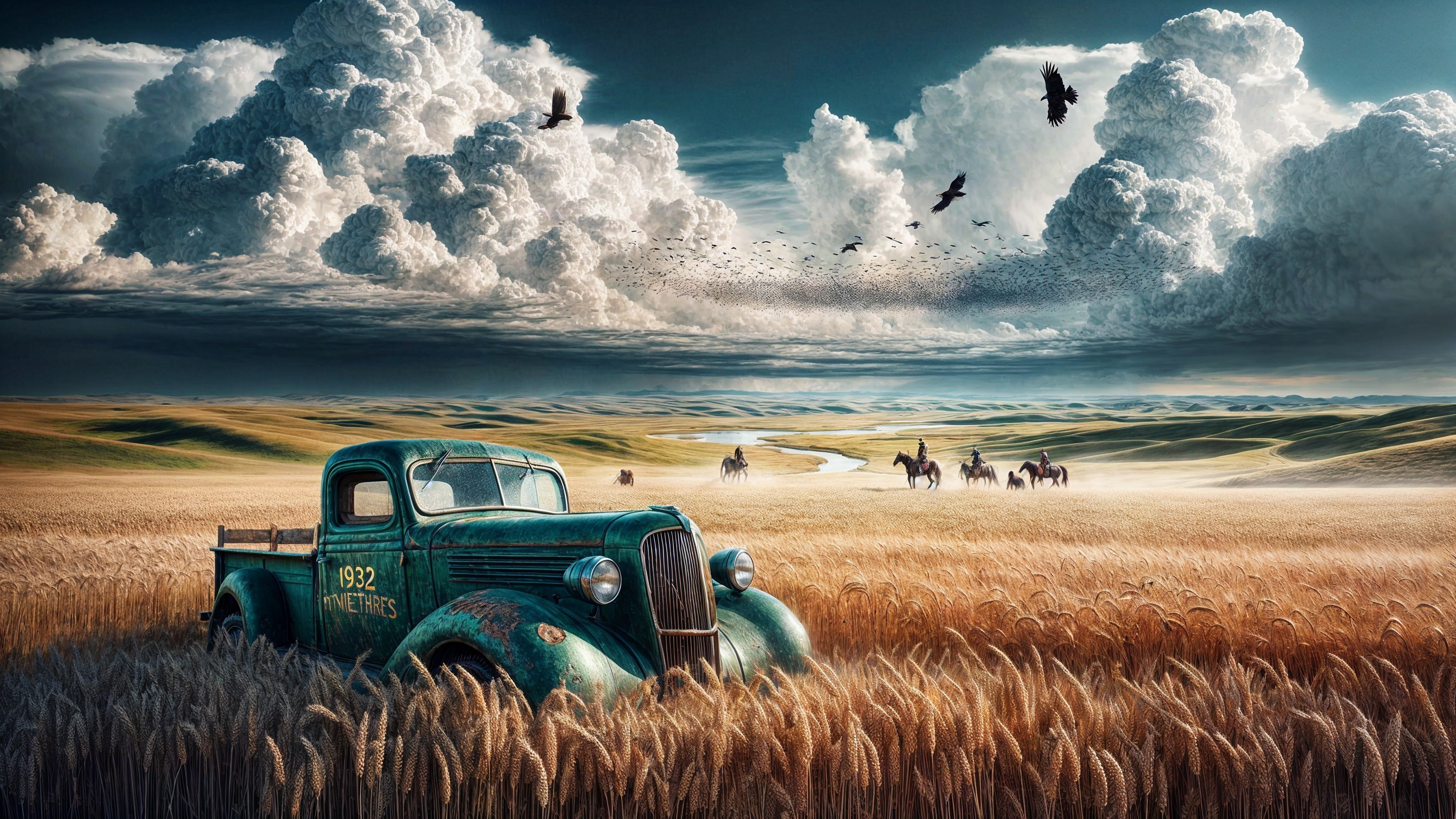 Abandoned 1932 Turquoise Truck in Wheat Field
