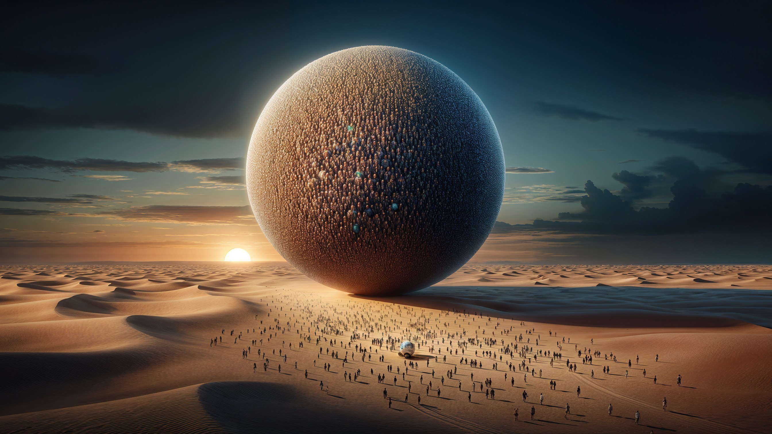 Desert Landscape with Colossal Sphere at Sunset
