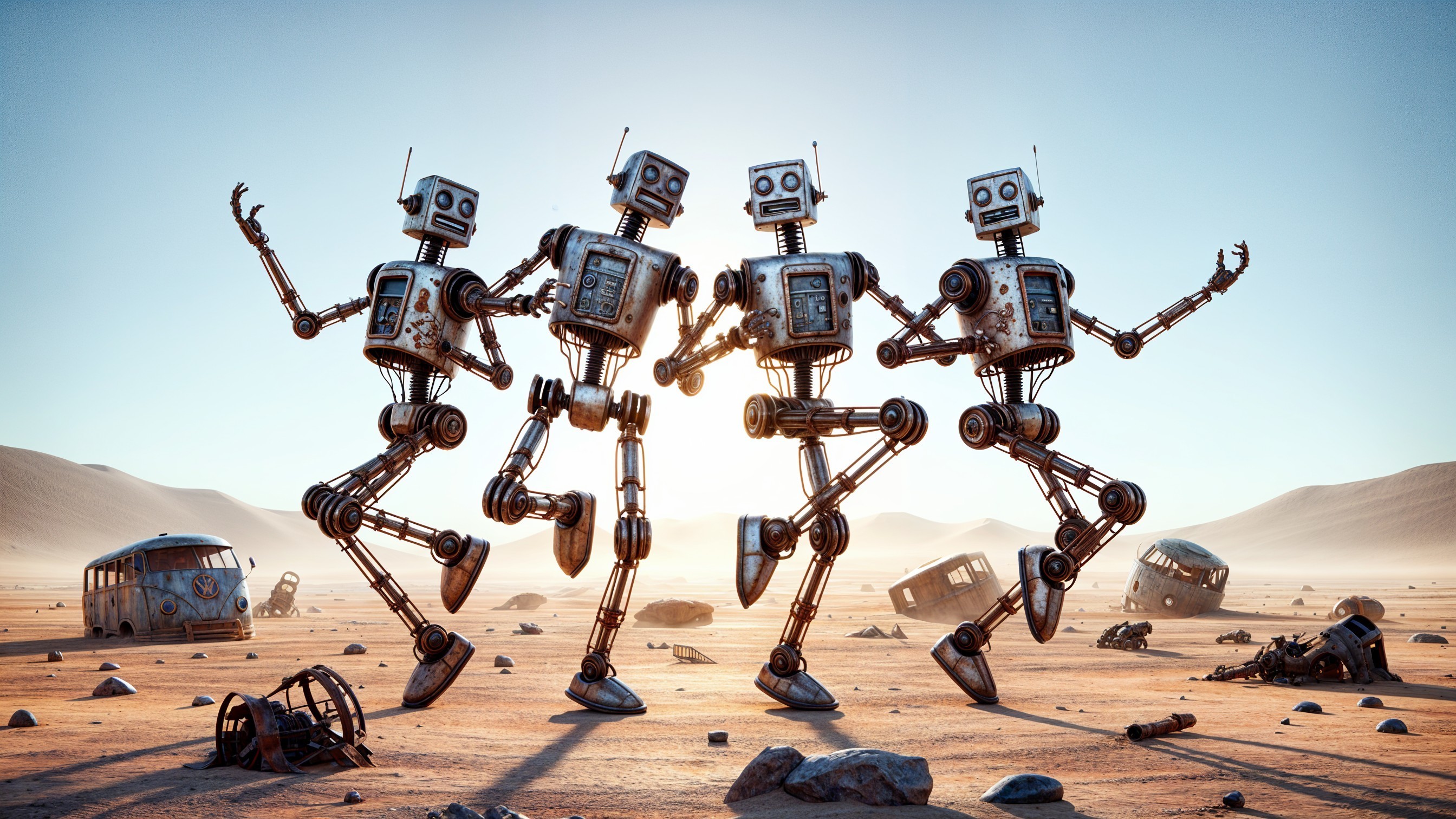 Vintage Robots Dancing in a Desert Landscape