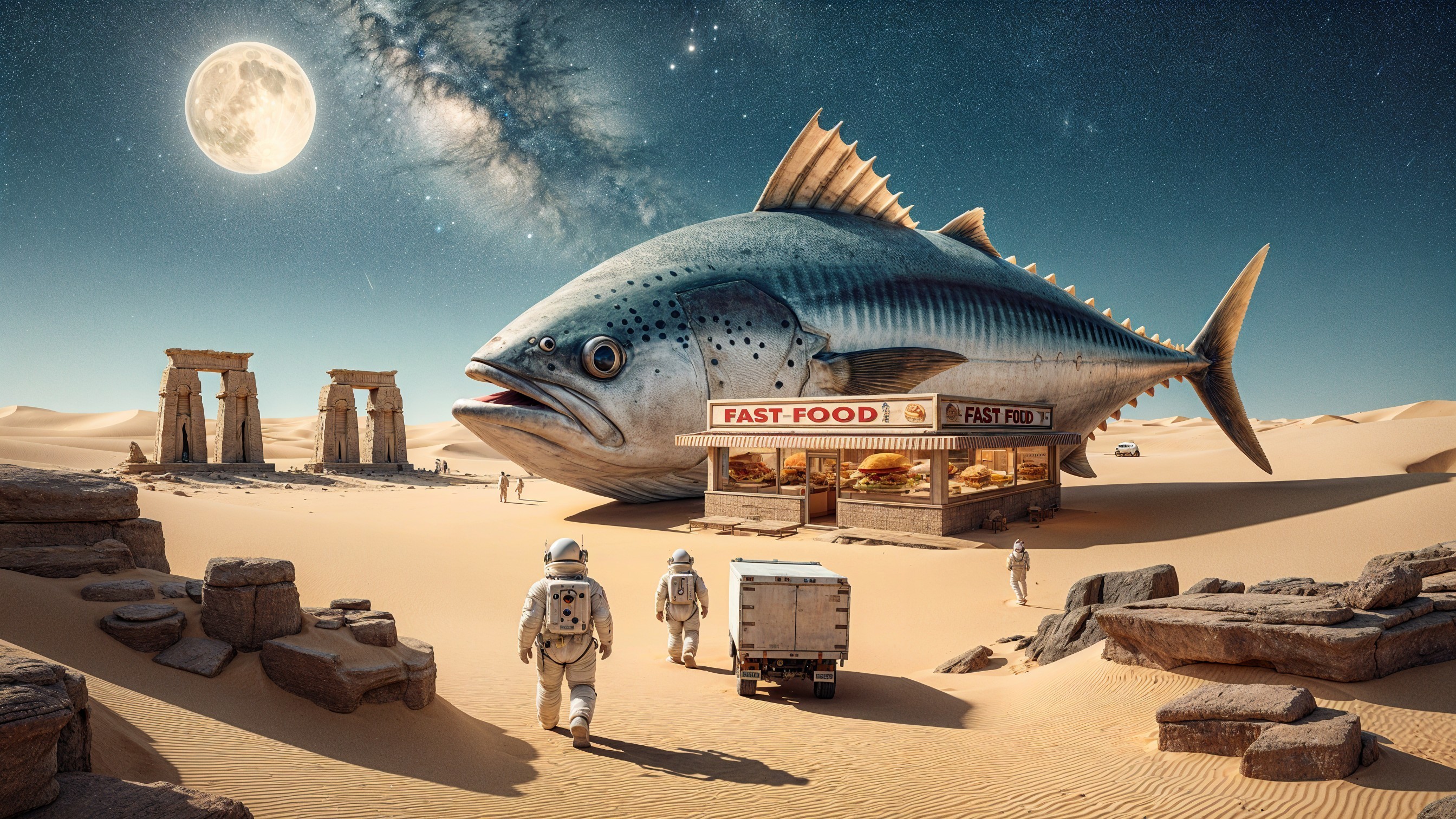Surreal Desert Landscape with Fish Structure and Ruins