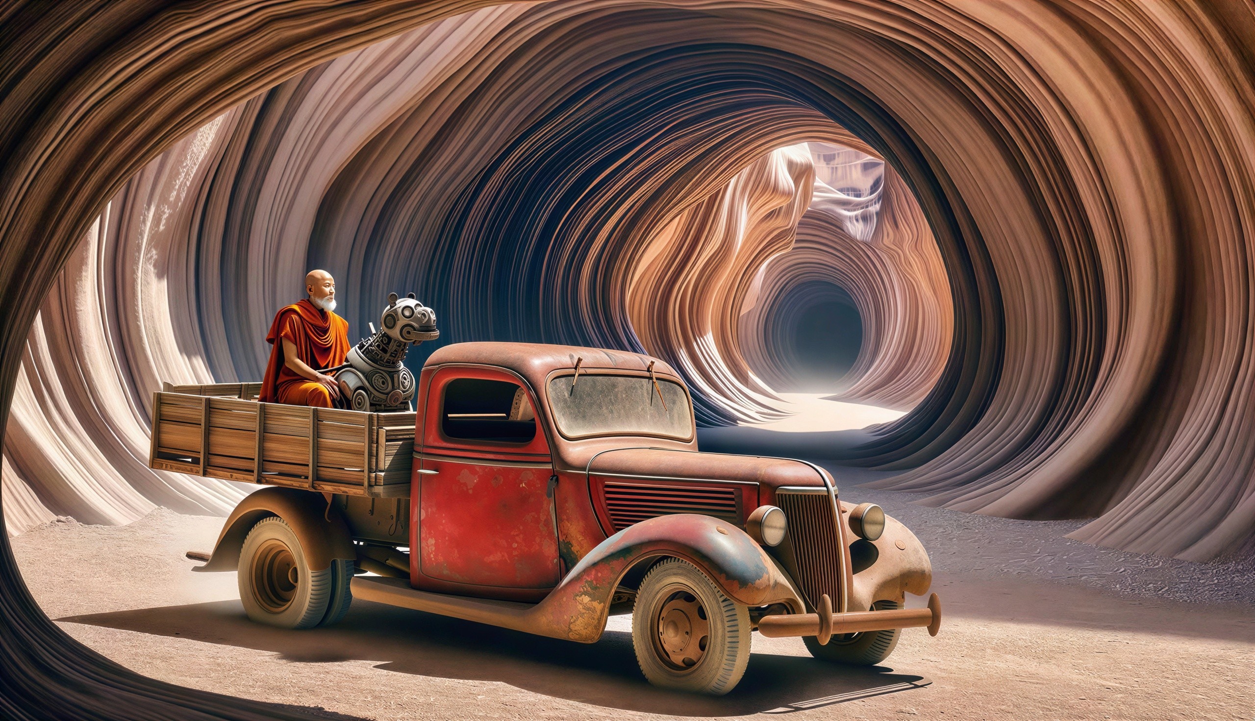 Old Red Truck in Multi-Layered Canyon Scene