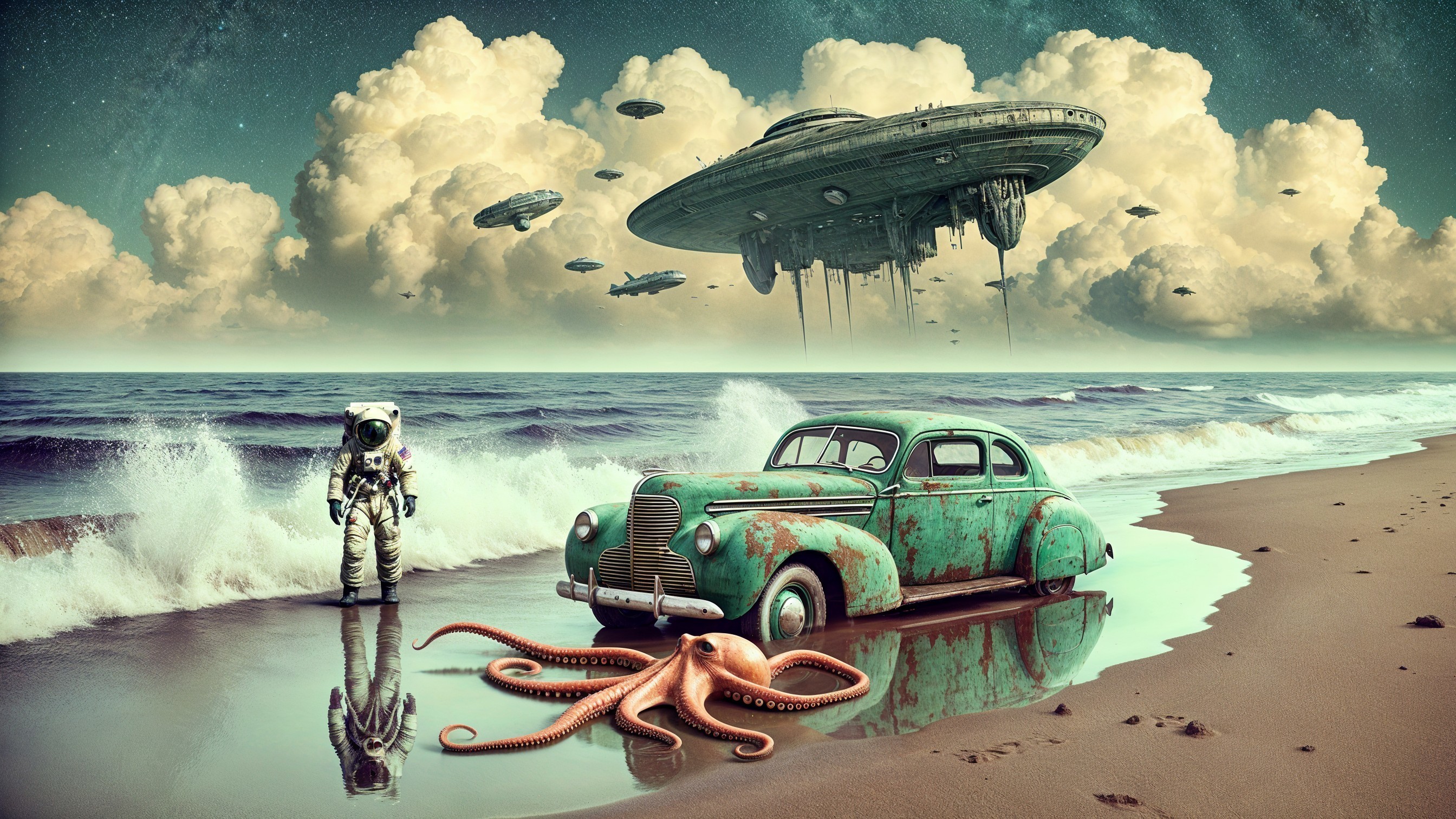 Surreal Beach Scene with Astronaut and Vintage Car