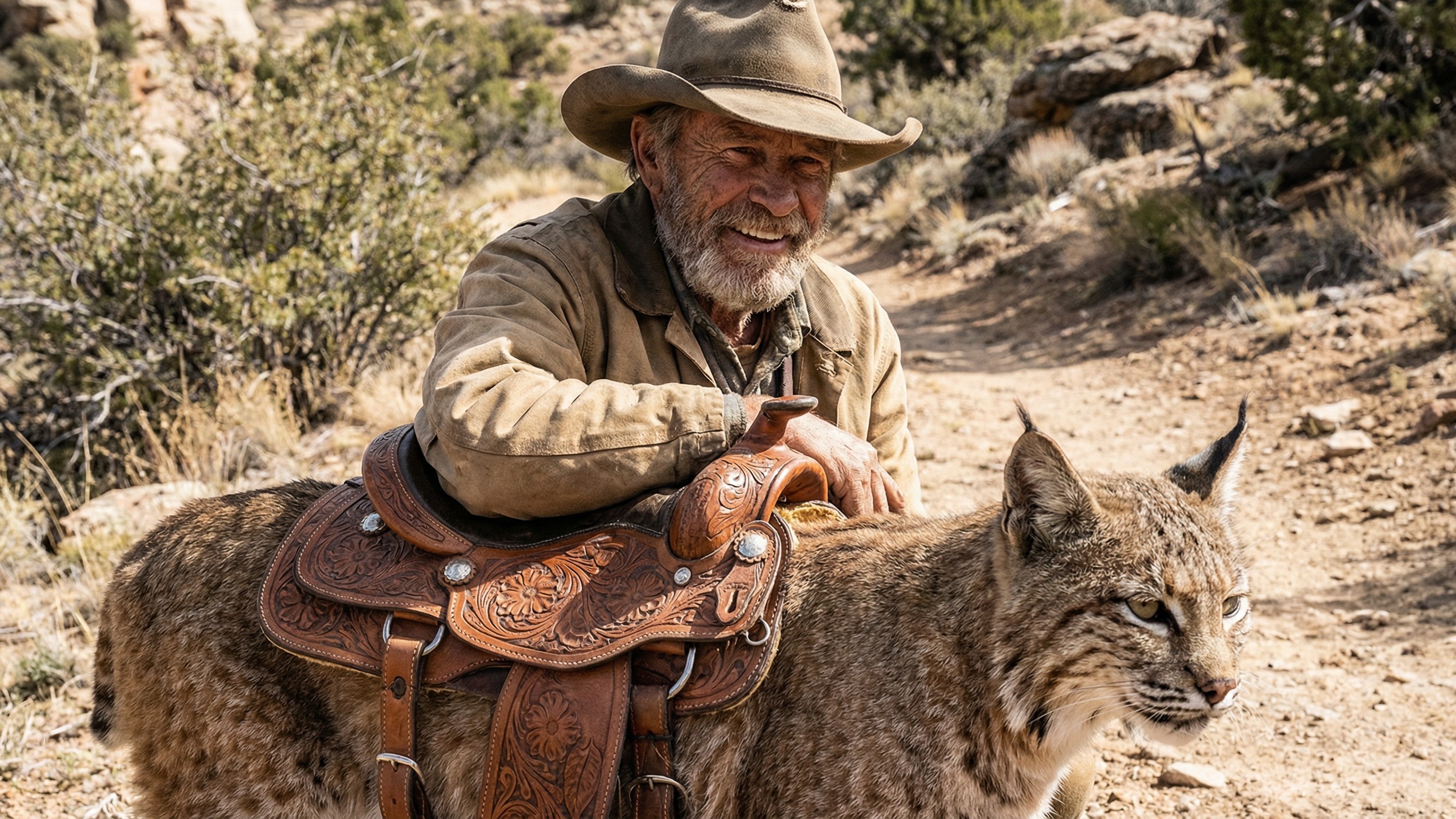 Old Man with Cowboy Hat and Bobcat in Desert Setting