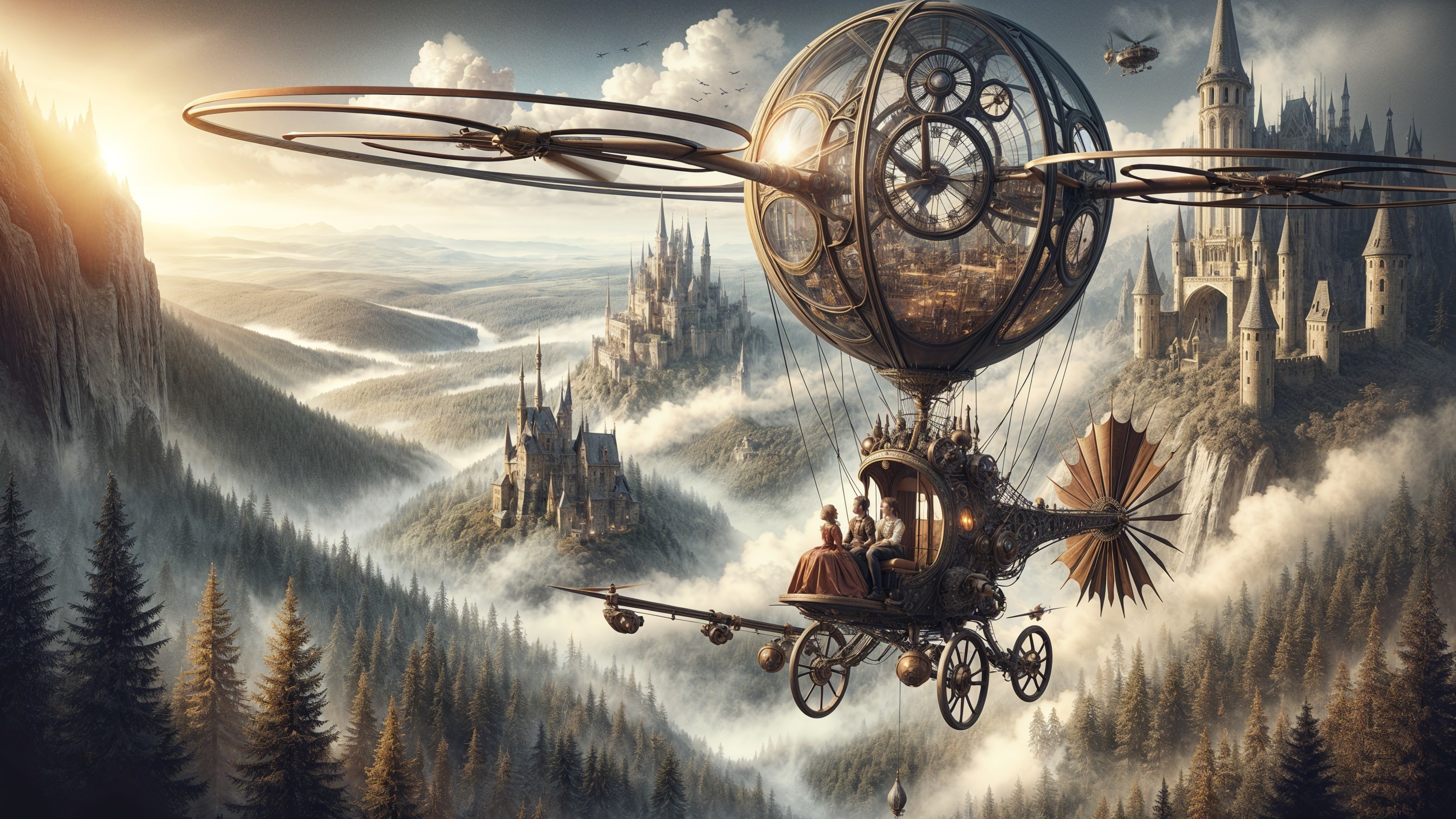 Steampunk Airship Overcast Landscape with Castles