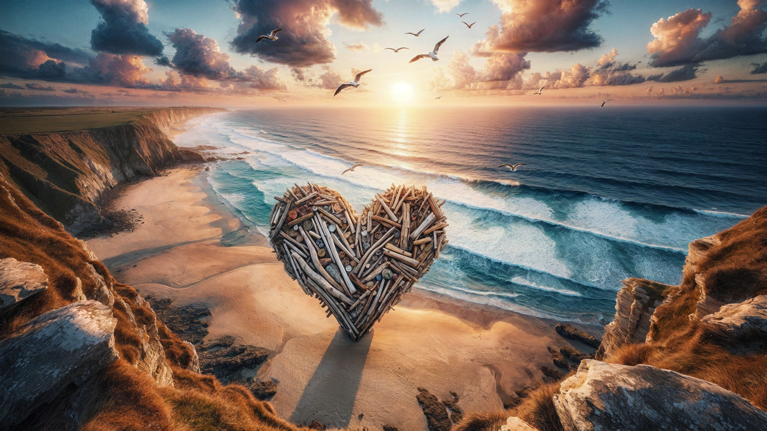 Golden Sunset Over Dramatic Coastline with Driftwood Heart