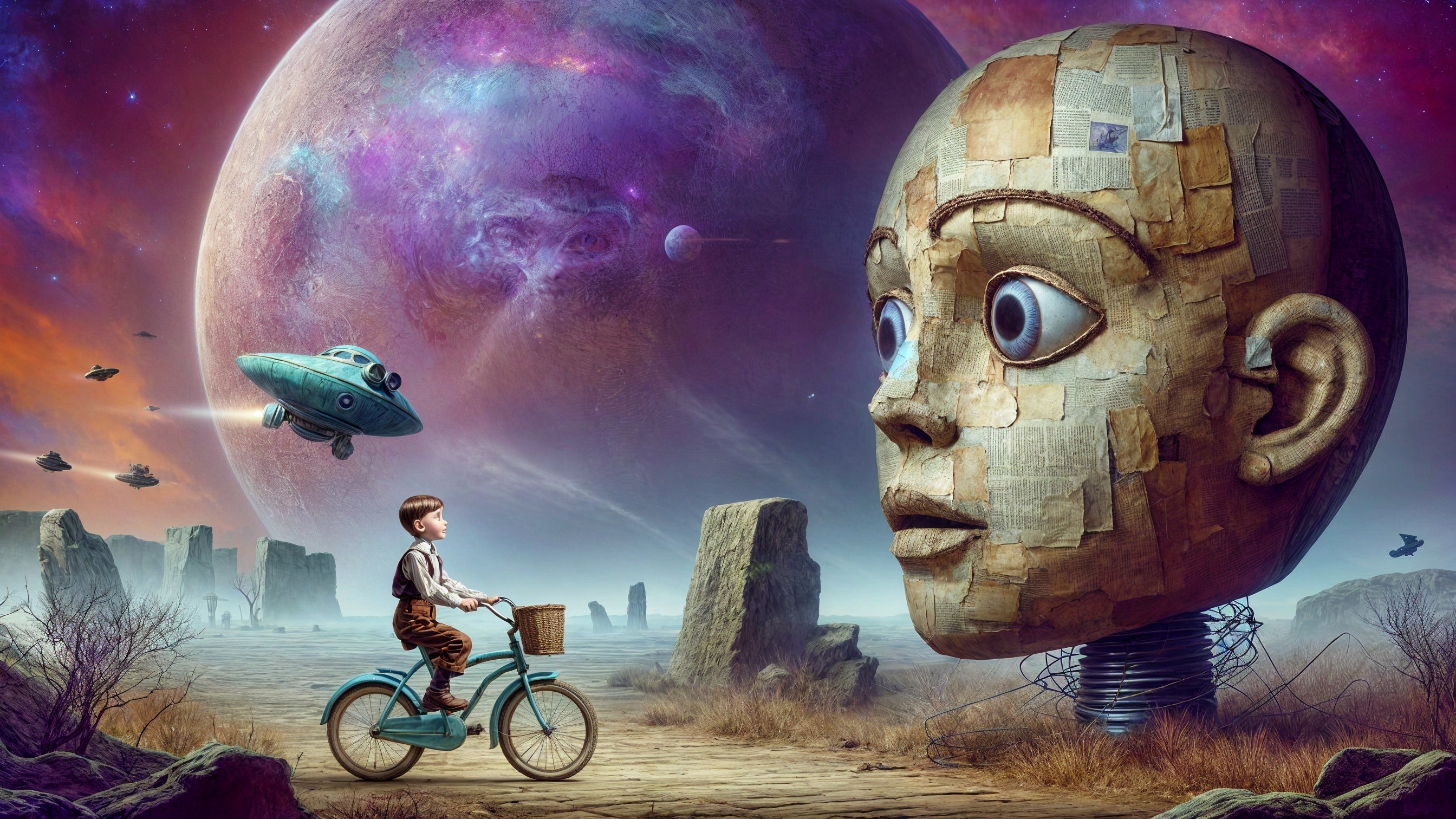 Surreal Landscape with Boy on Bicycle and Giant Head