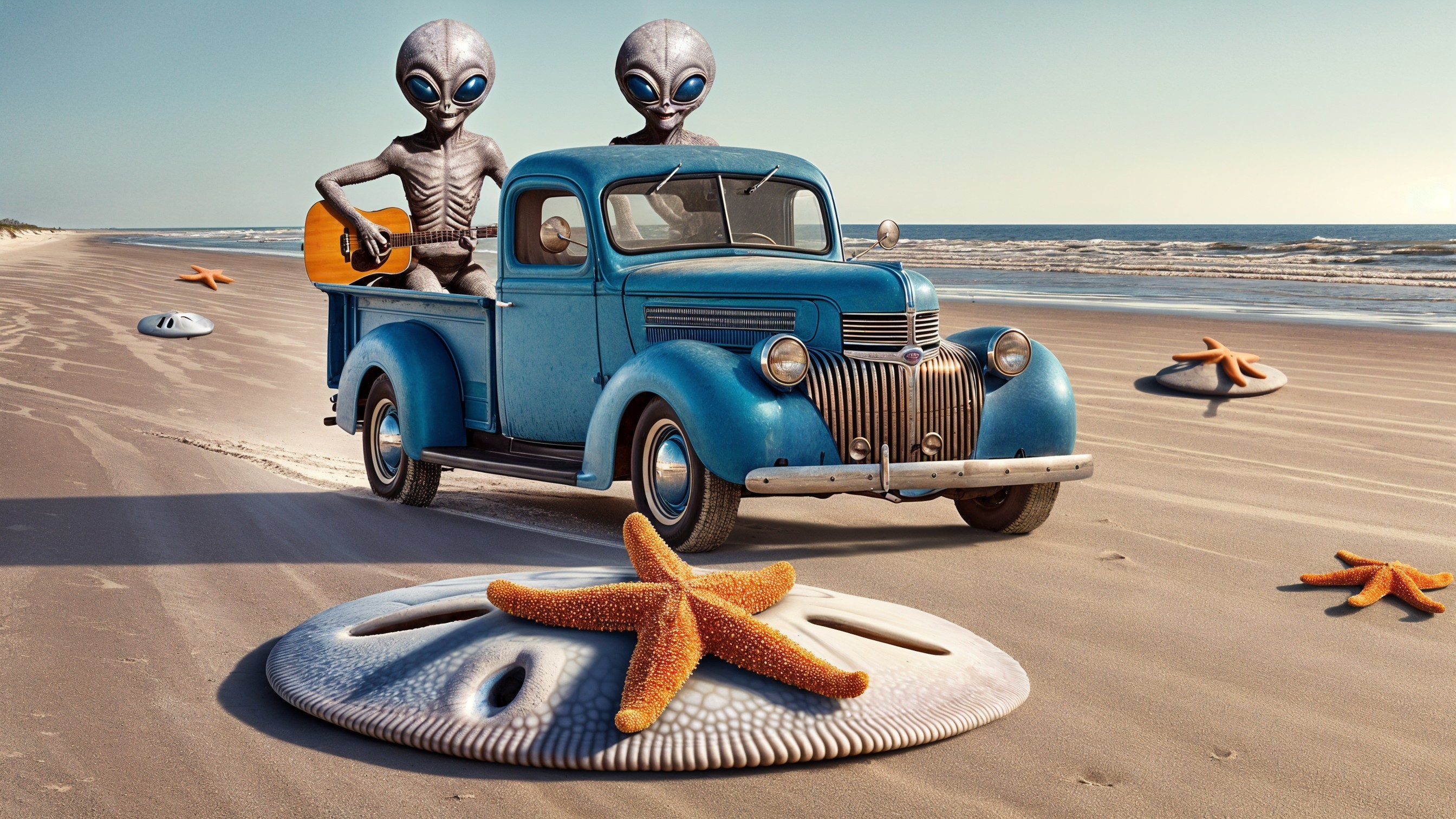 Vintage Blue Truck with Aliens on Sunny Beach