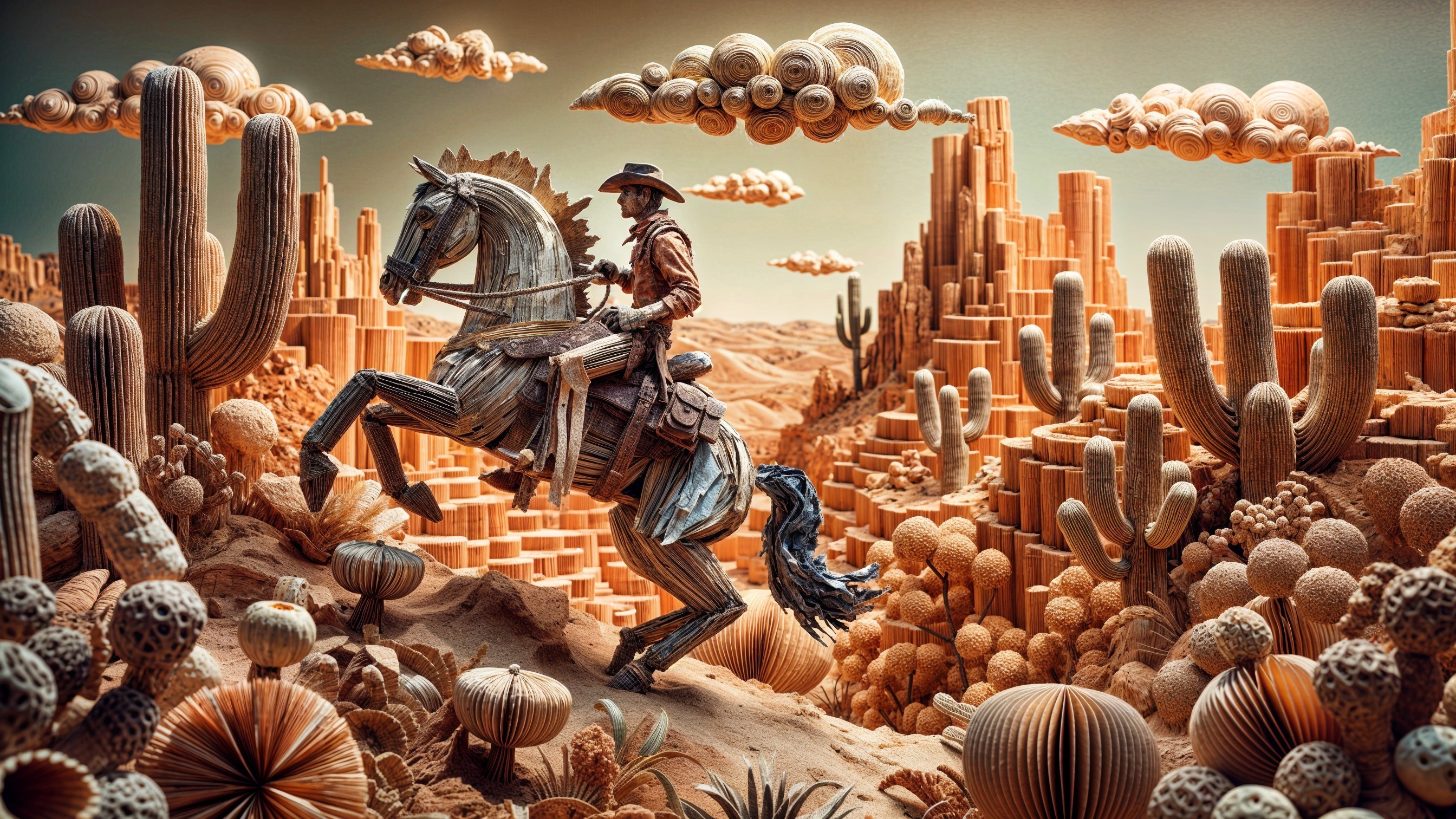 Cowboy on Wooden Horse in Fantastical Desert Landscape