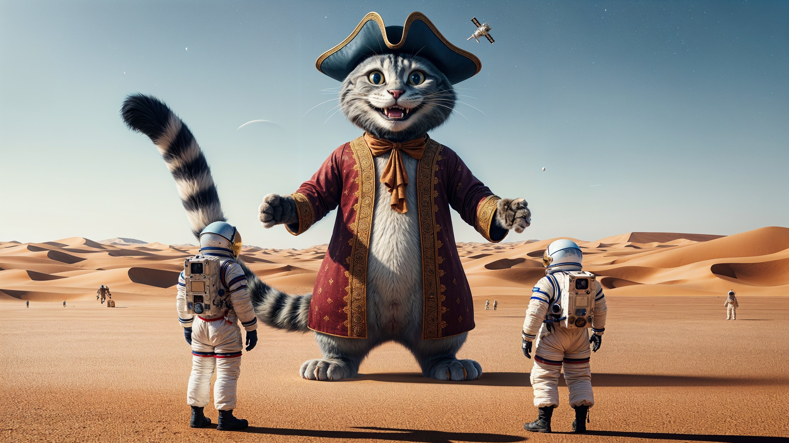 Astronauts Encounter Pirate Cat in Desert Landscape