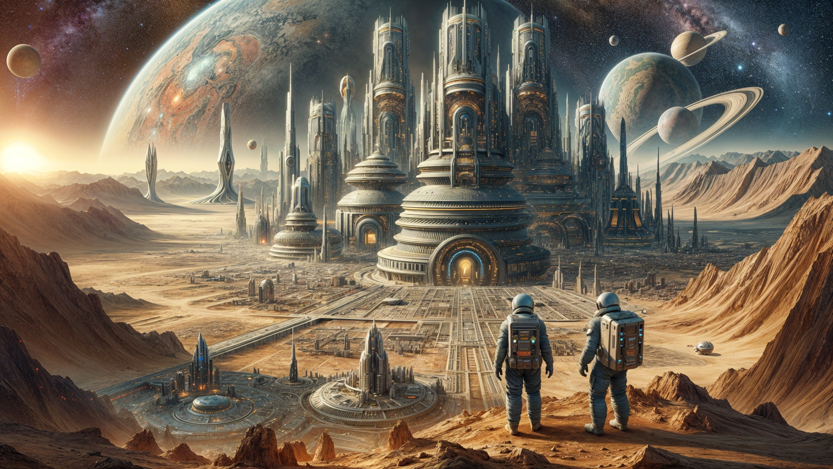 Astronauts in Futuristic City on Alien Landscape