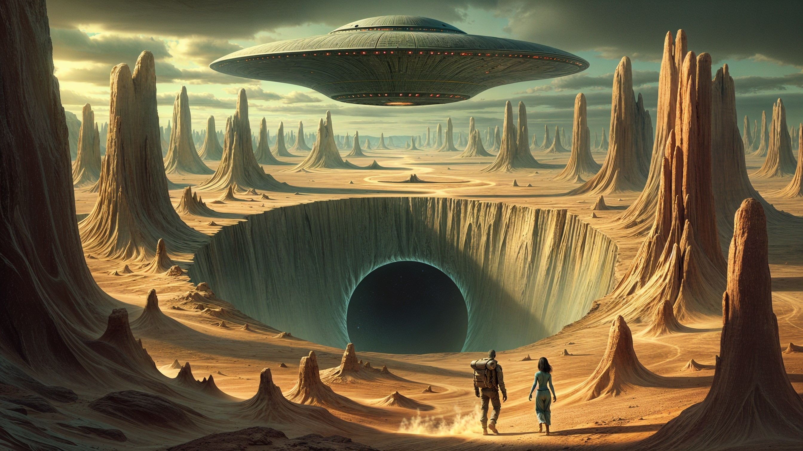 Surreal Alien Landscape with Figures and Spaceship
