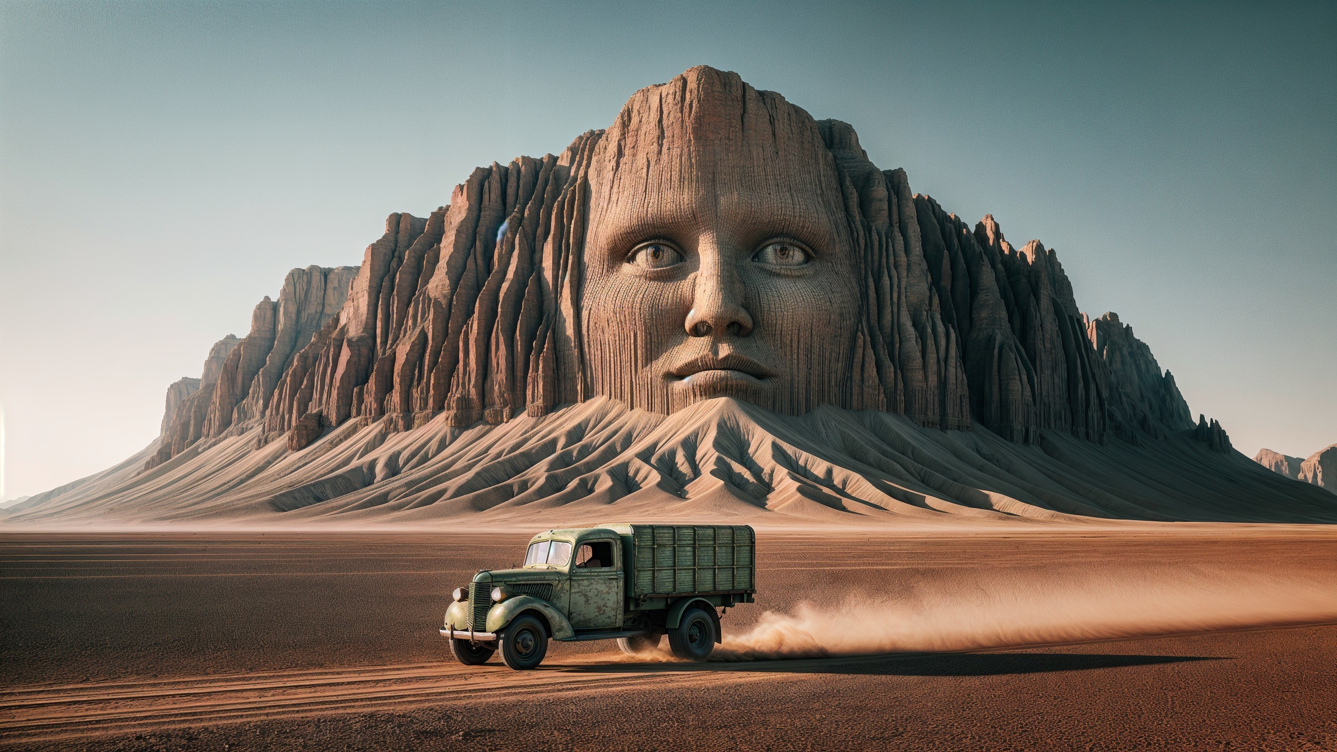 Weathered Truck in Arid Landscape with Carved Face