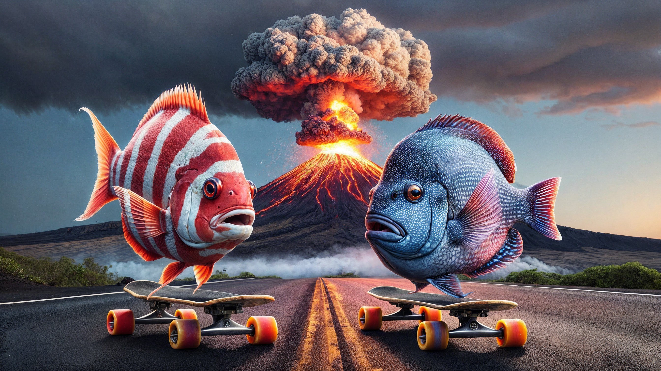 Anthropomorphic Fish Skateboarding Amid Volcanic Eruption