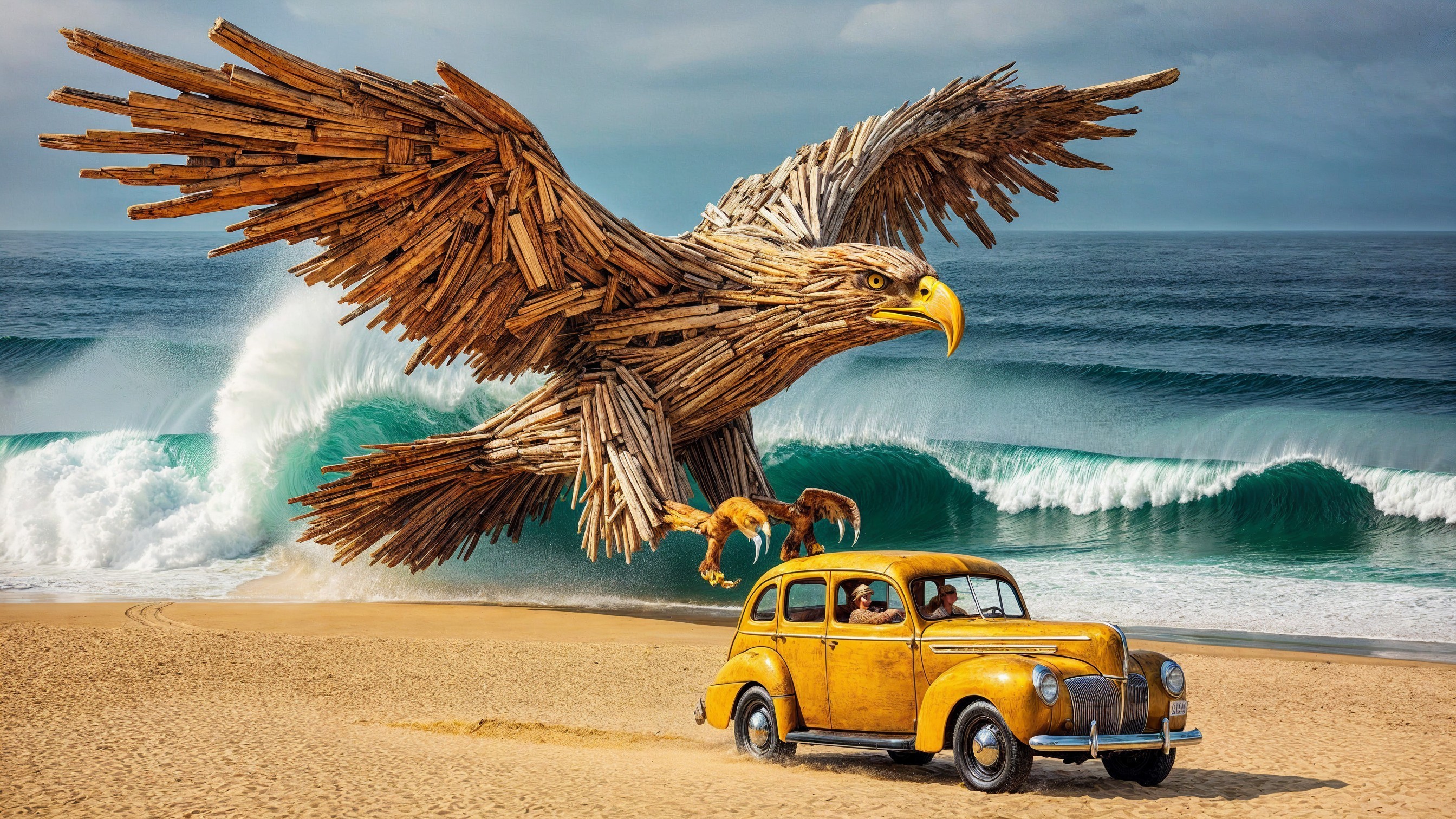 Driftwood Eagle Over Vintage Car on Sandy Beach