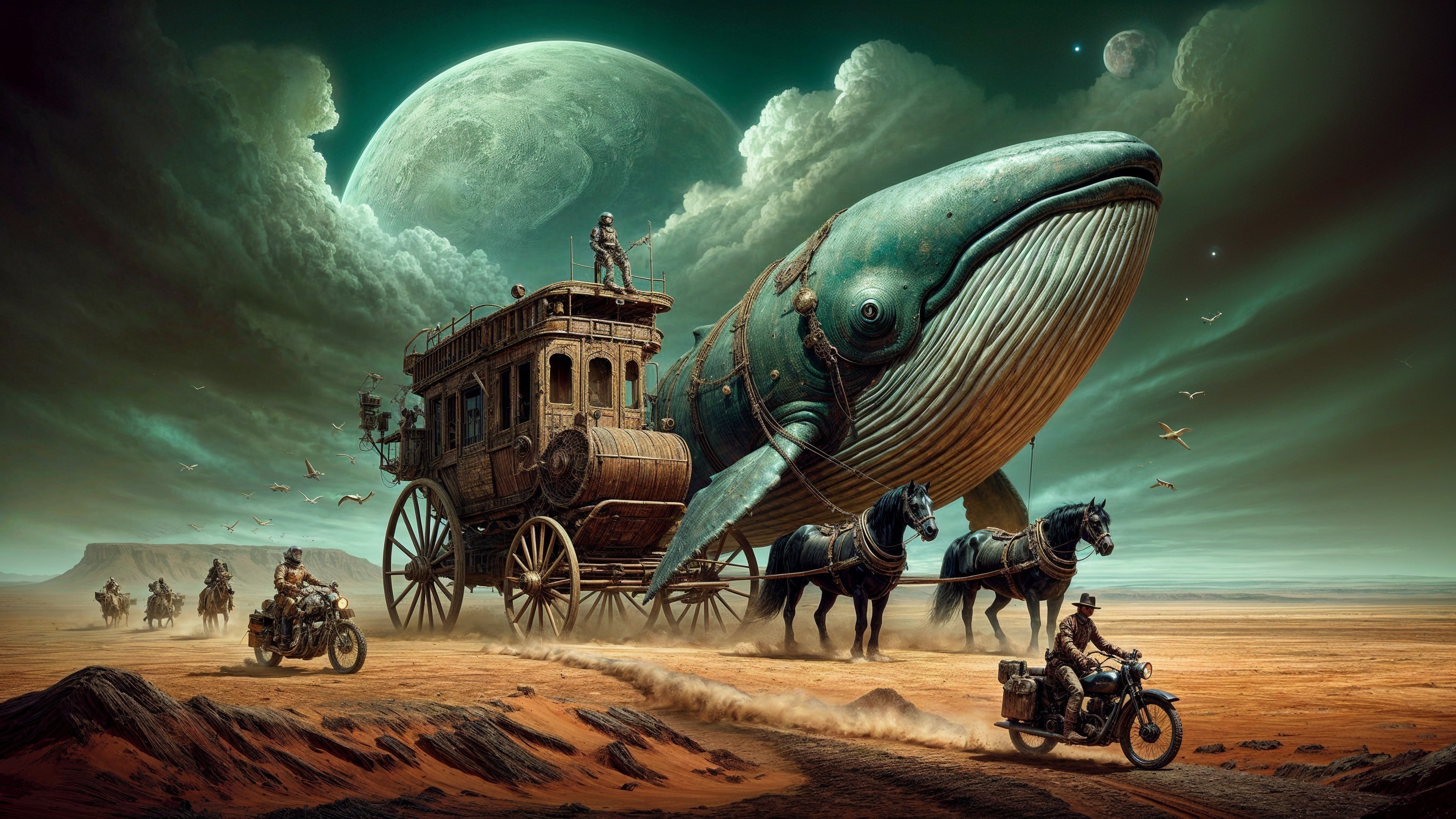 Surreal Landscape with Mechanical Whale and Vintage Coach