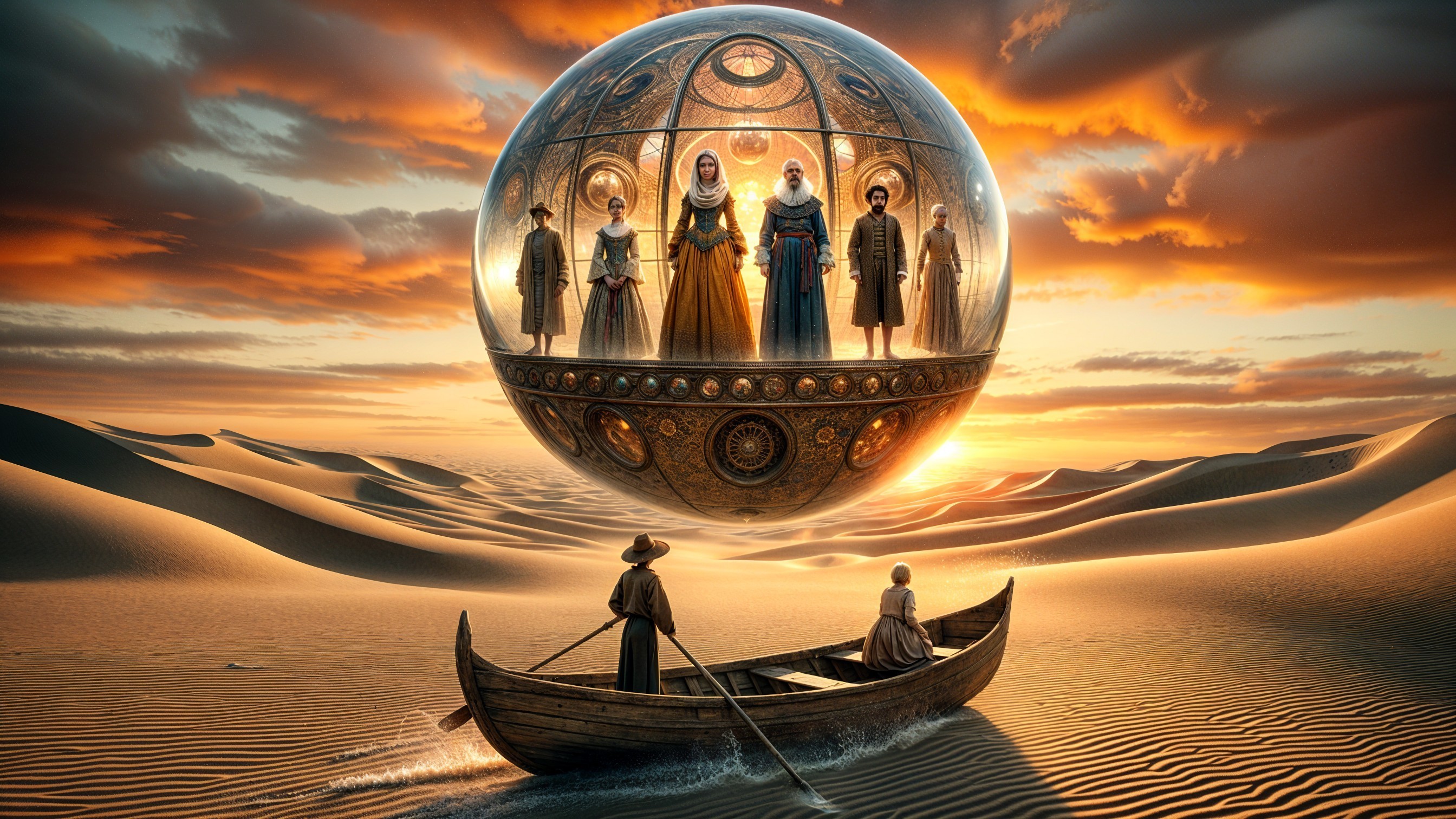 Mystical Desert Scene with Floating Sphere and Boat