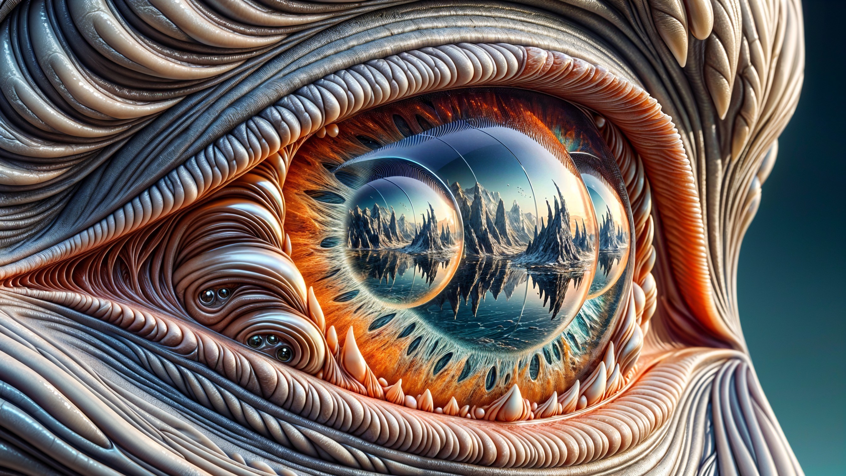 Surreal Close-Up of an Eye with Vibrant Landscape Reflection