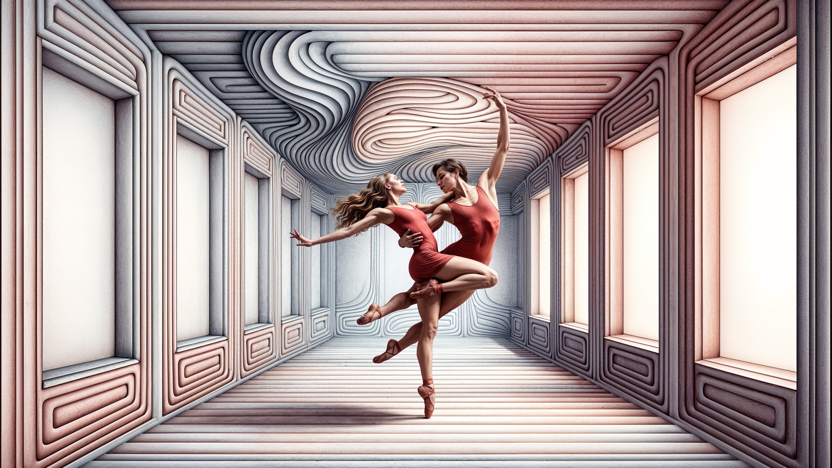 Surreal Ballet Duet in Elegant Architectural Space