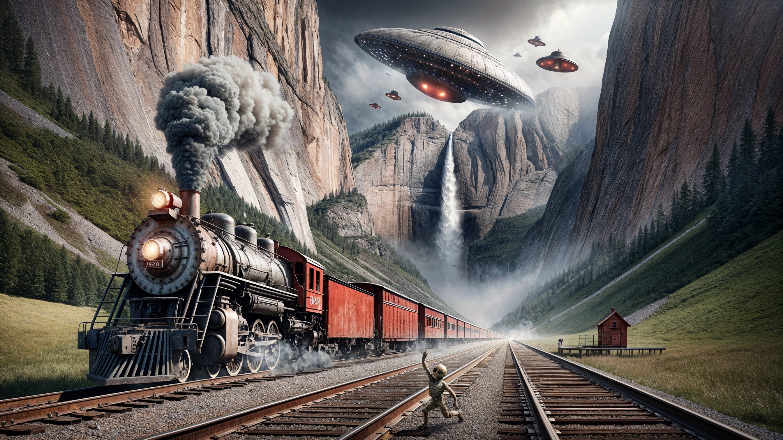 Vintage steam locomotive in canyon with UFOs above