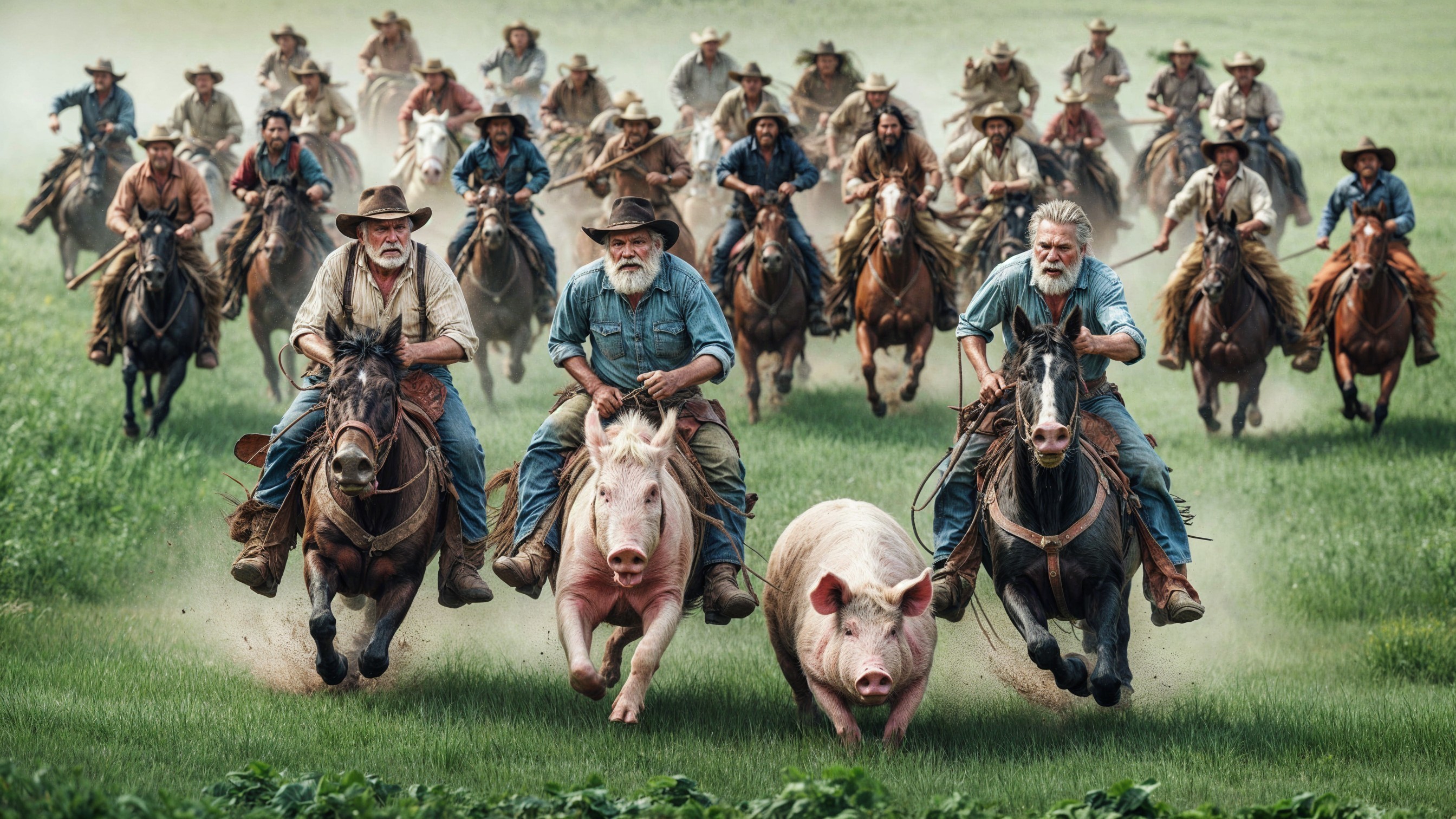 Cowboys Herding Pigs on Horses in Green Field