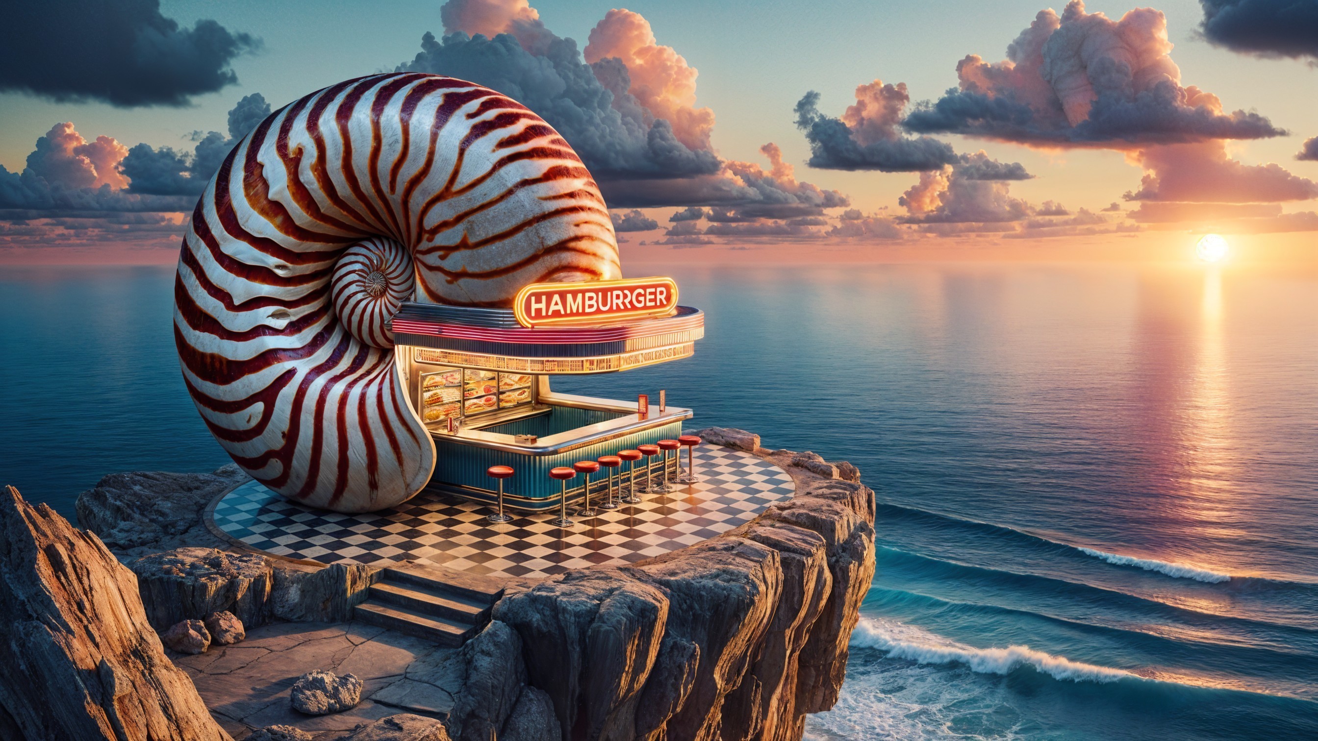 Whimsical Hamburger Restaurant in Nautilus Shell Design