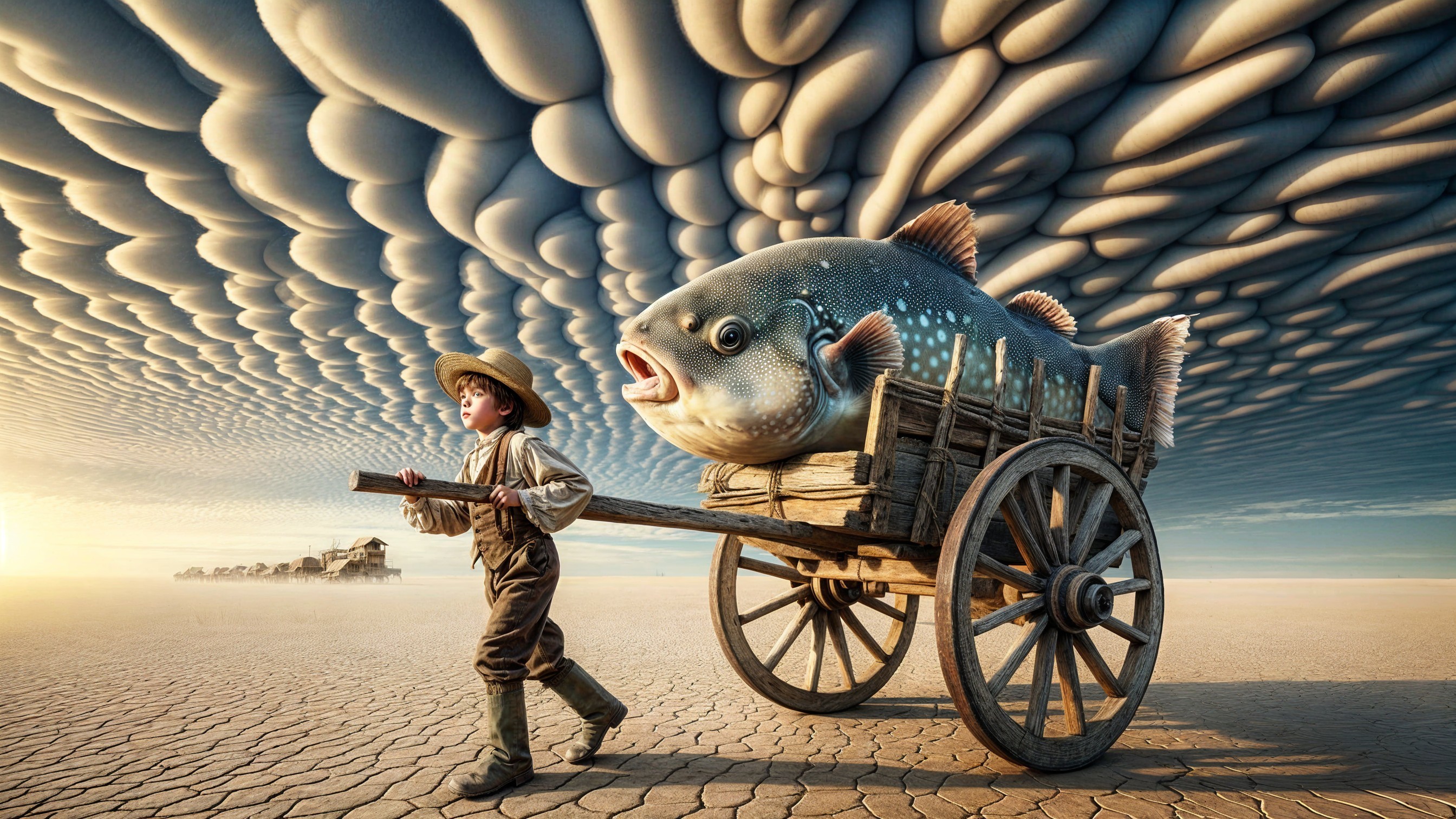 Whimsical Fish Cart in Surreal Landscape with Clouds