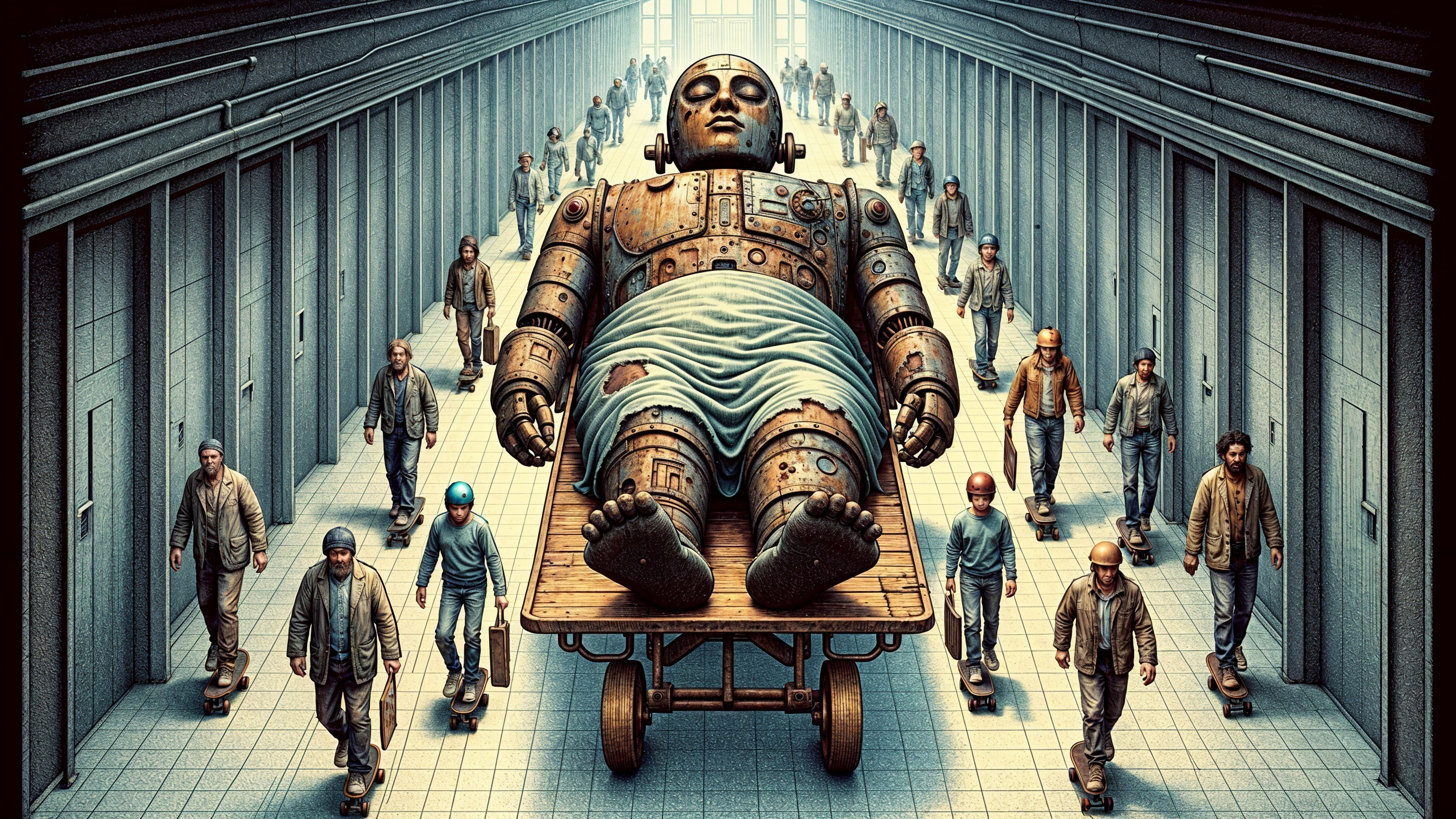 Humanoid Robot on Cart in Dimly Lit Corridor