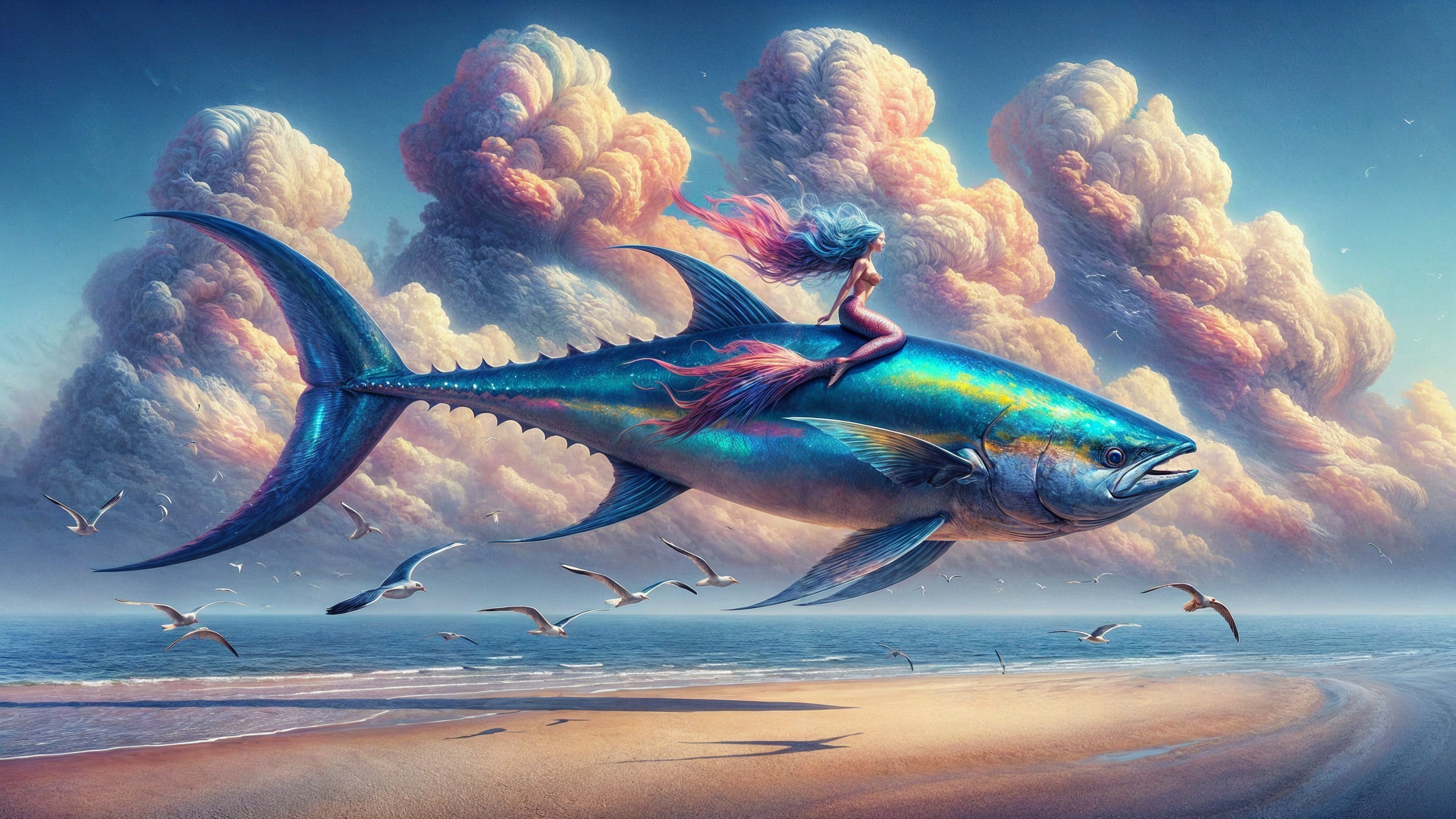 Mermaid Riding an Iridescent Fish at a Beach Scene