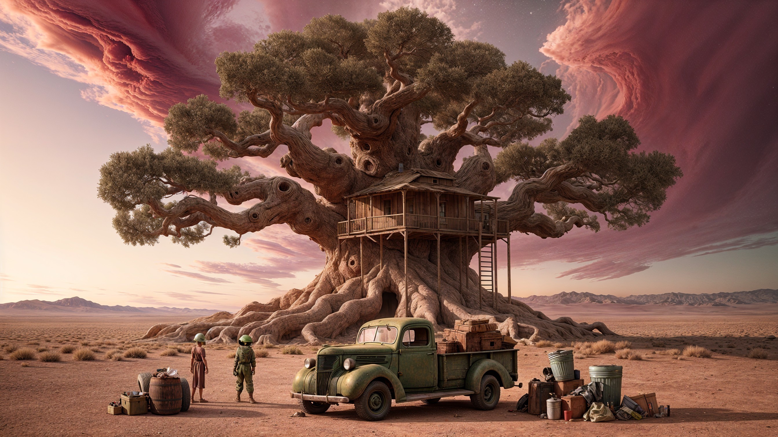 Surreal Desert Scene with Ancient Tree and Vintage Truck