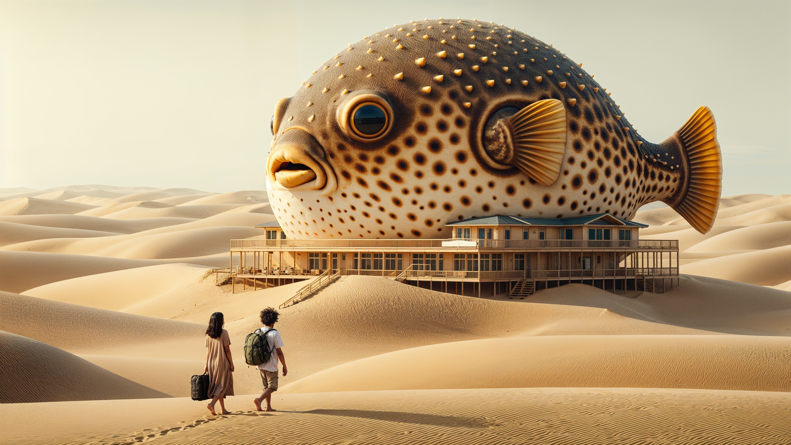 Surreal Desert Scene with Giant Pufferfish Structure