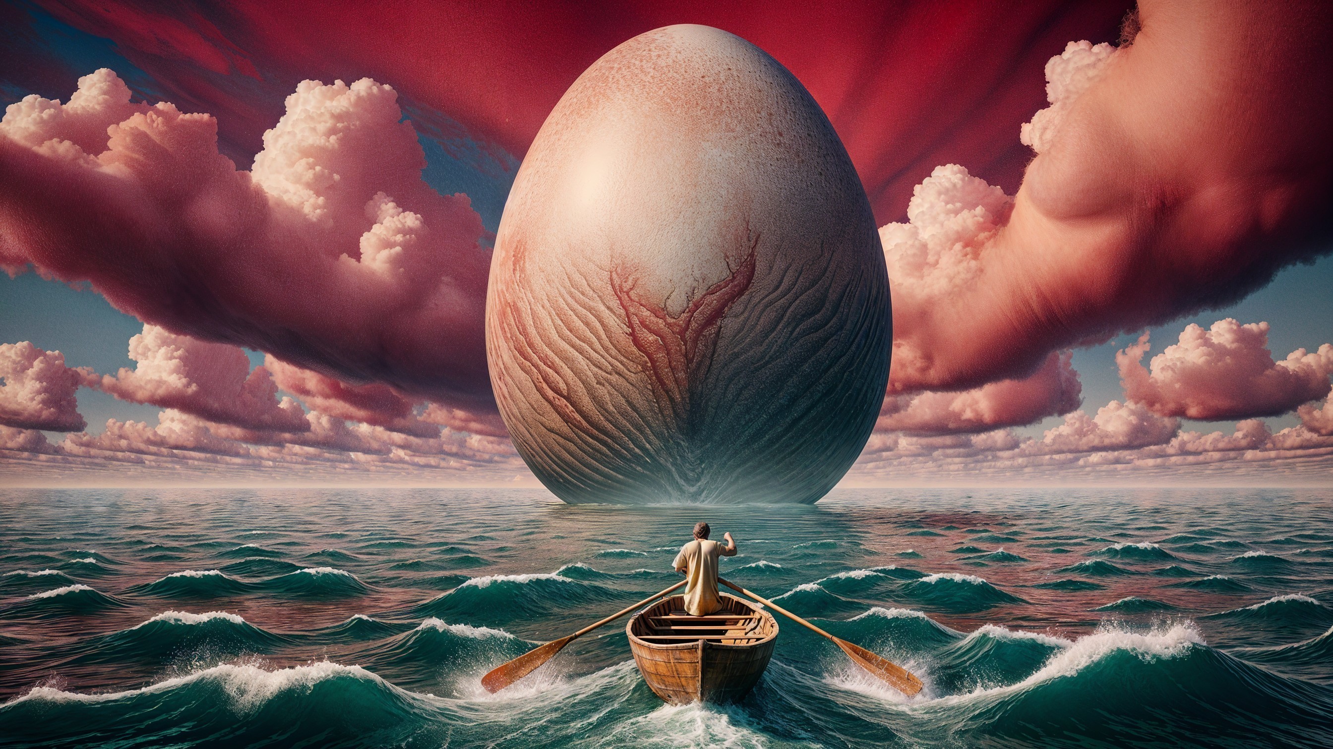 Solitary Figure Rowing Toward a Massive Egg at Sea