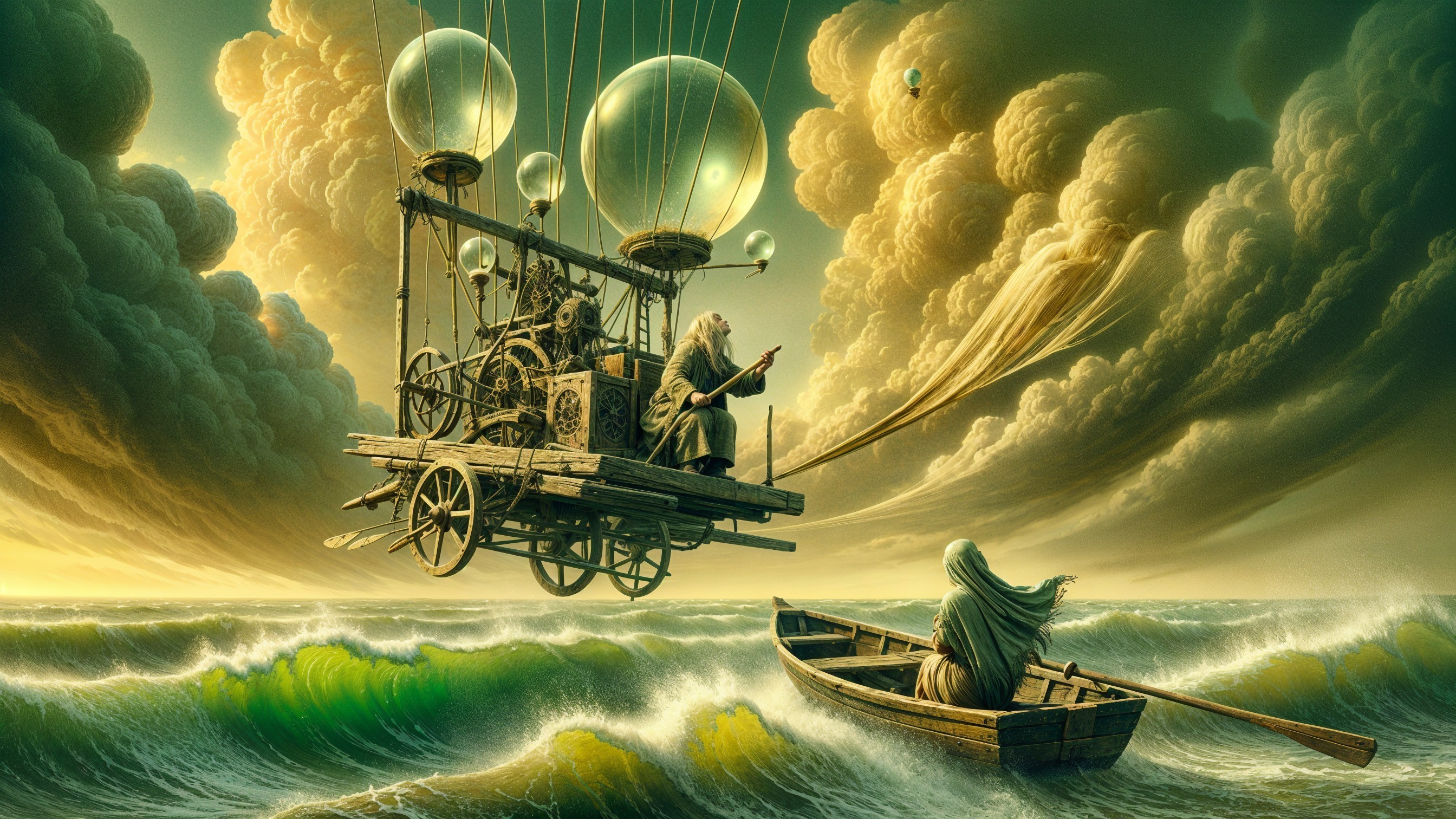Fantastical airship and lone figure over ocean waves