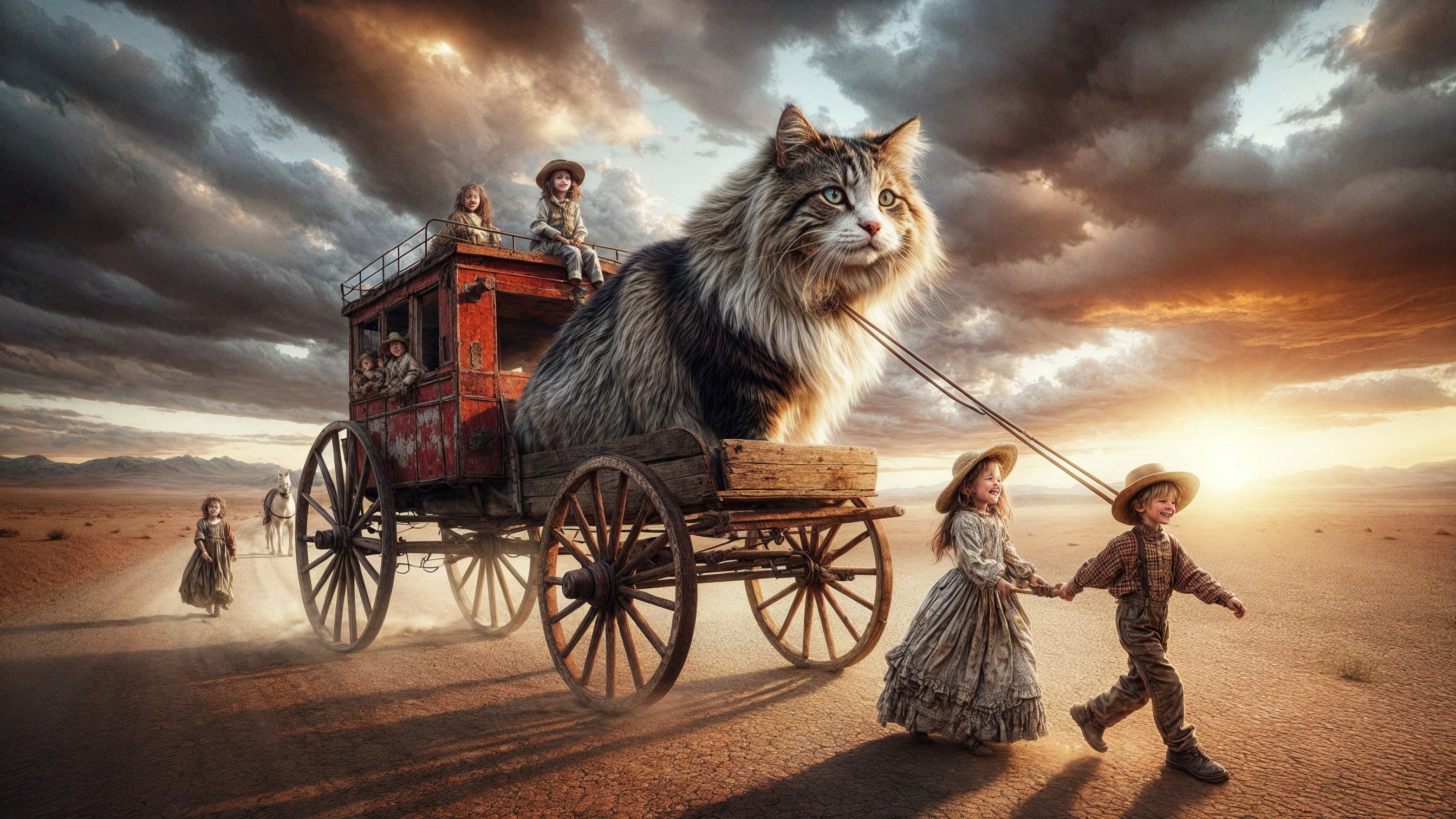 Surreal Desert Scene with Giant Cat and Stagecoach