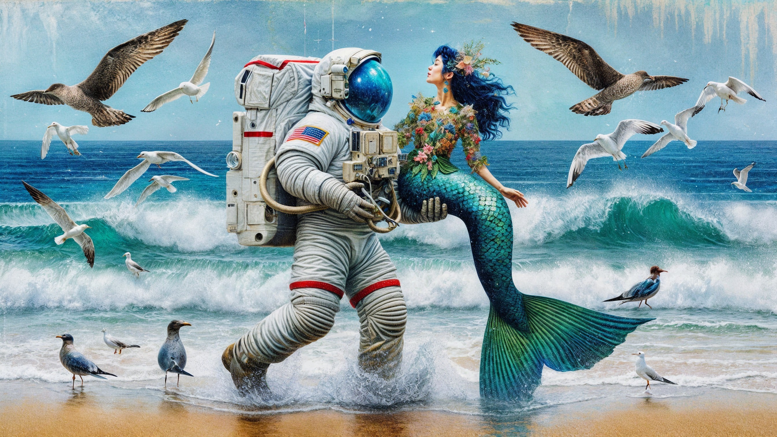 Astronaut on Beach with Floral Mermaid and Ocean Waves