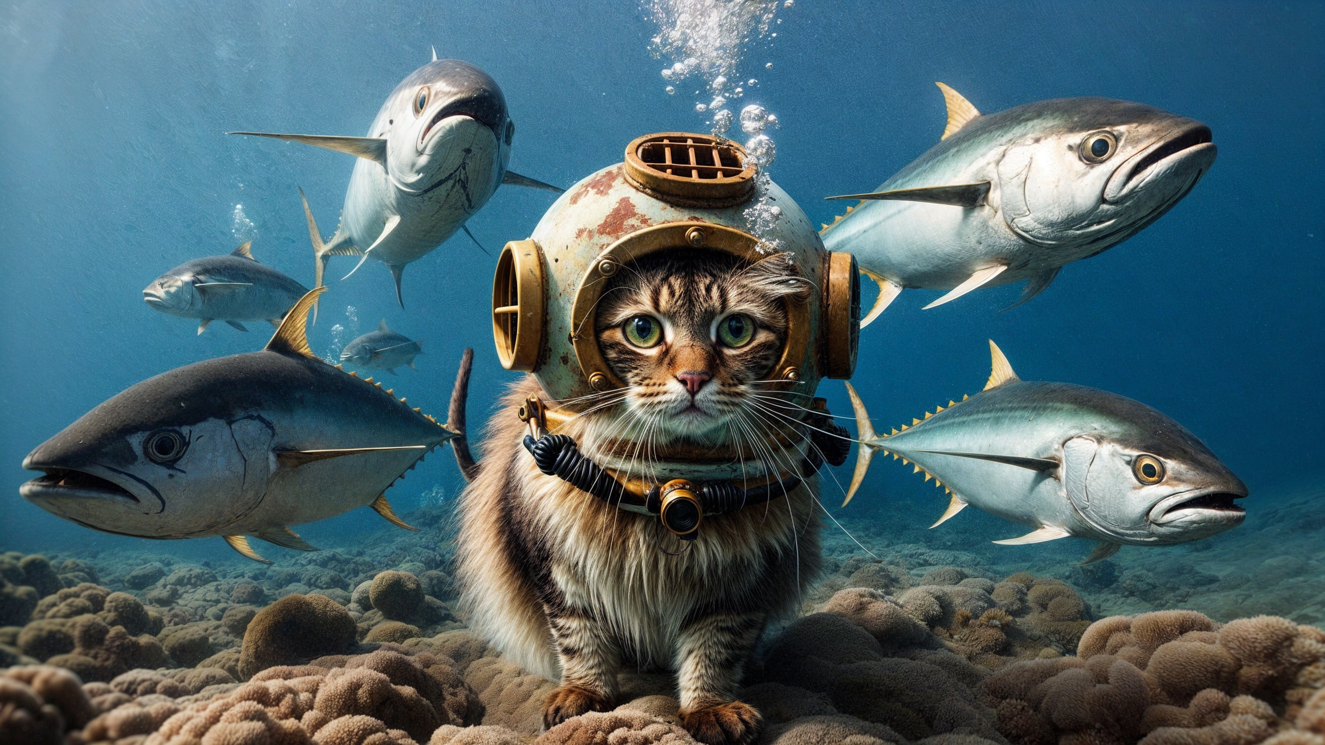 Underwater Scene with Cat in Diving Helmet and Fish