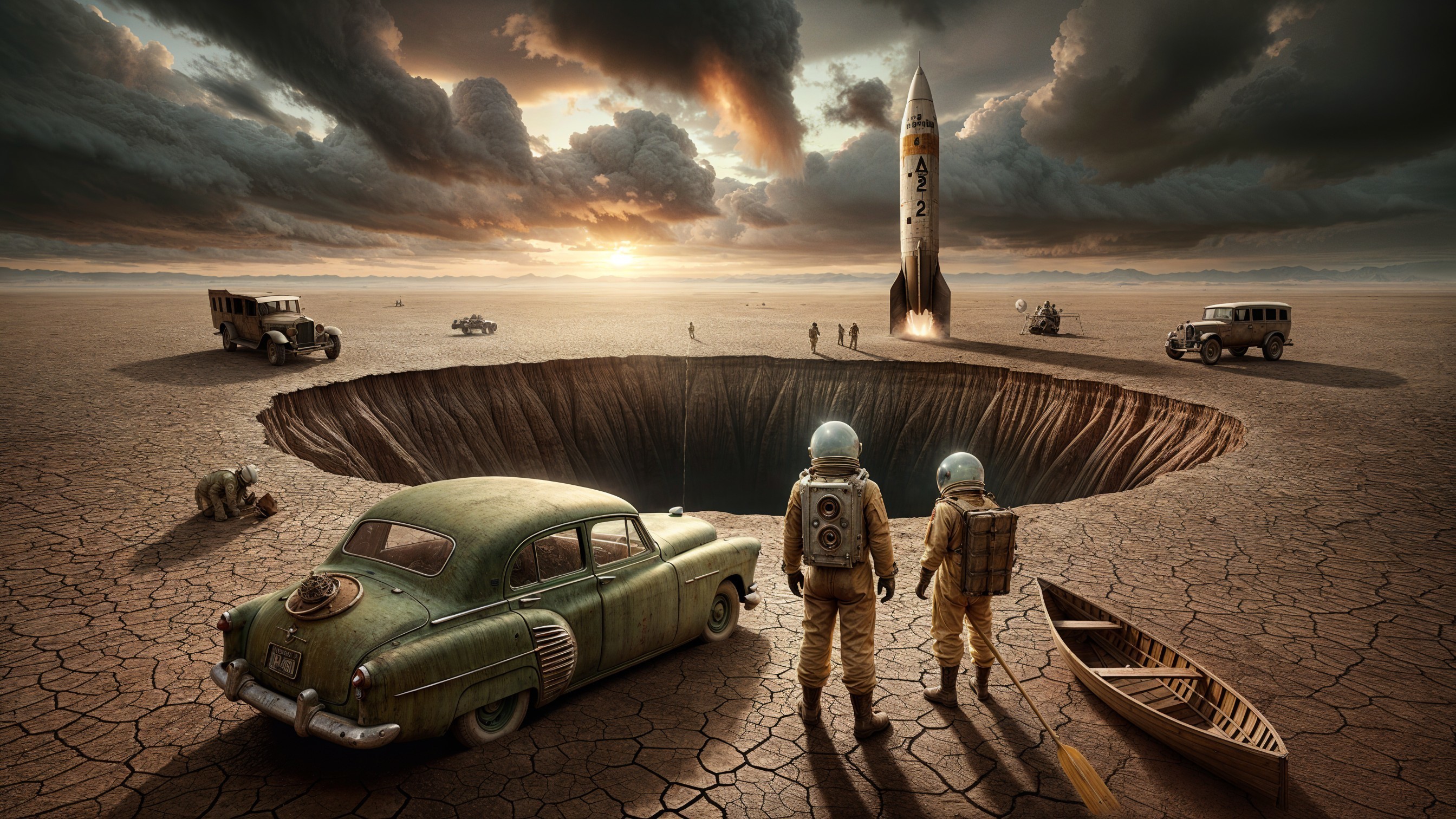 Astronauts in Vintage Suits at a Cratered Landscape