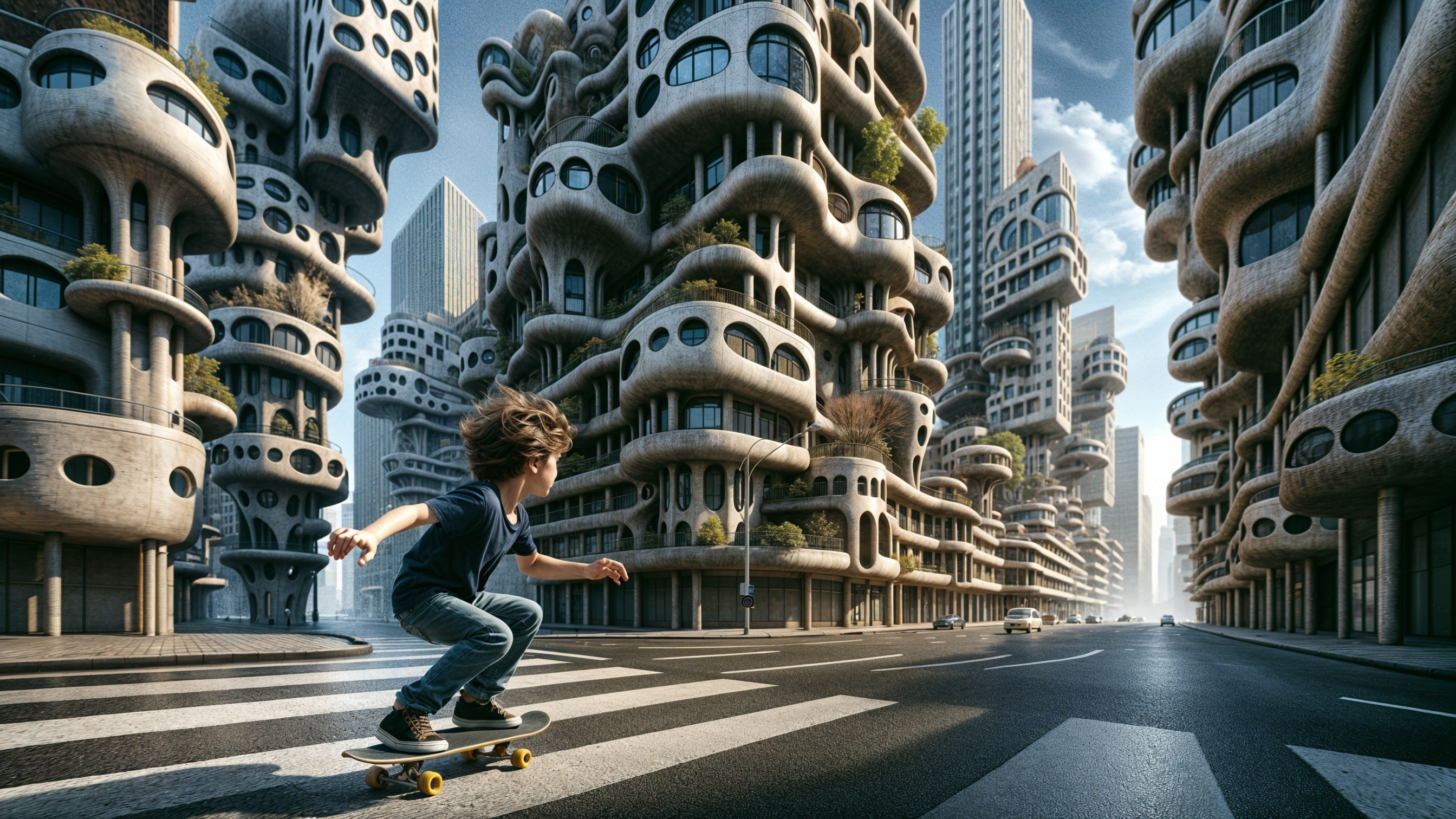 Skateboarder in Futuristic City with Unique Architecture