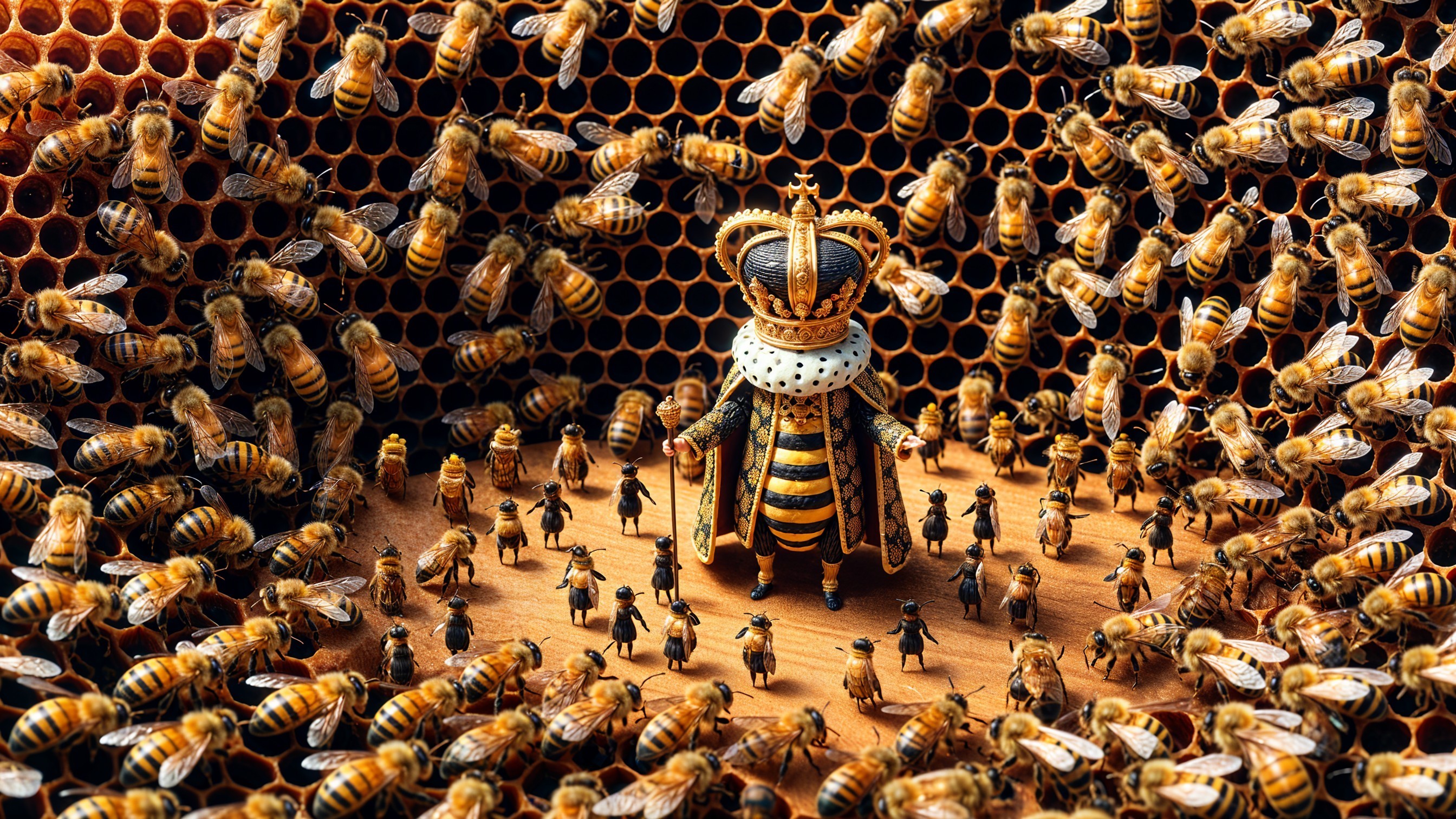 Queen Bee in Ornate Attire Surrounded by Worker Bees