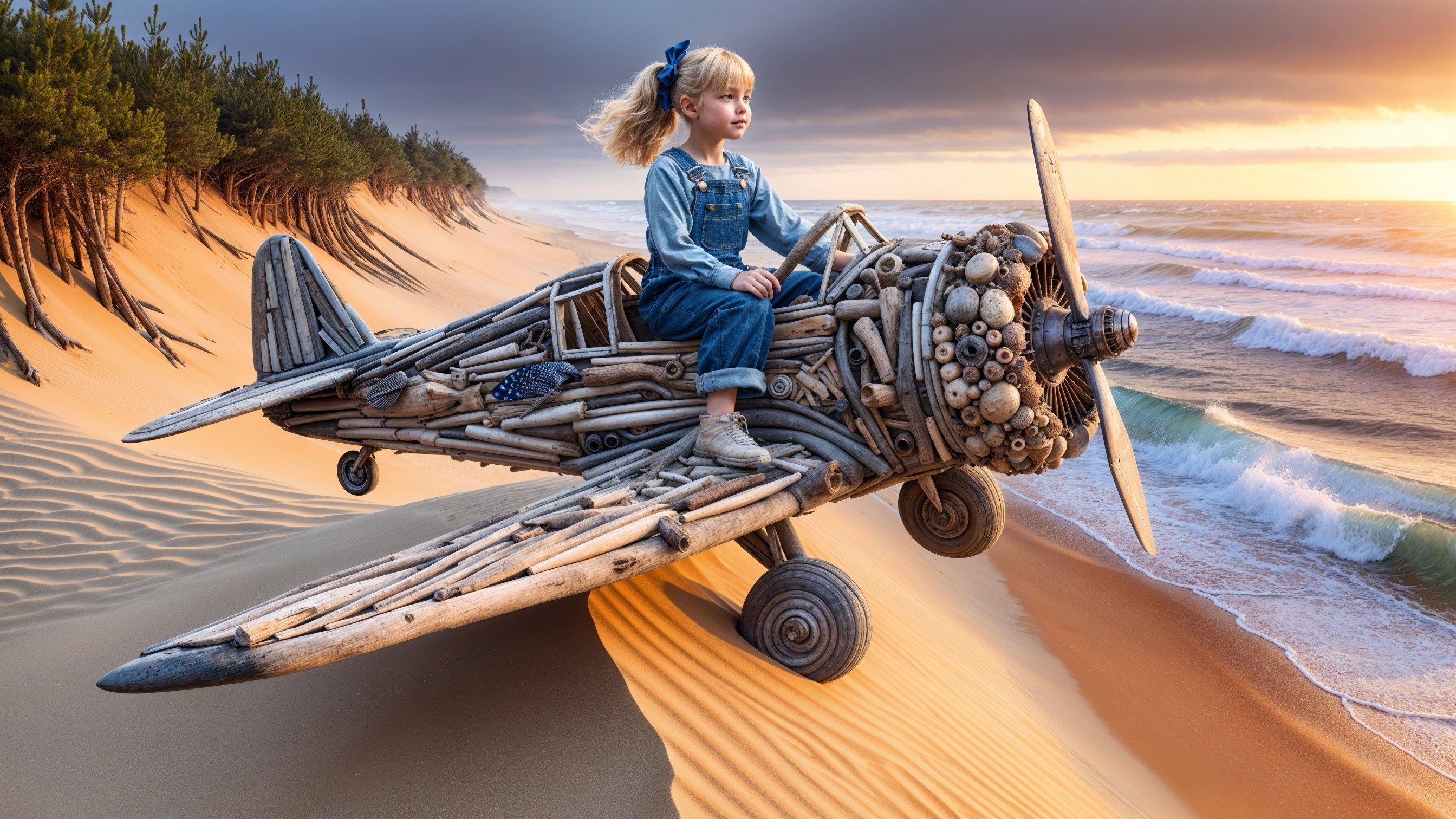 Young girl on whimsical driftwood airplane at sunset