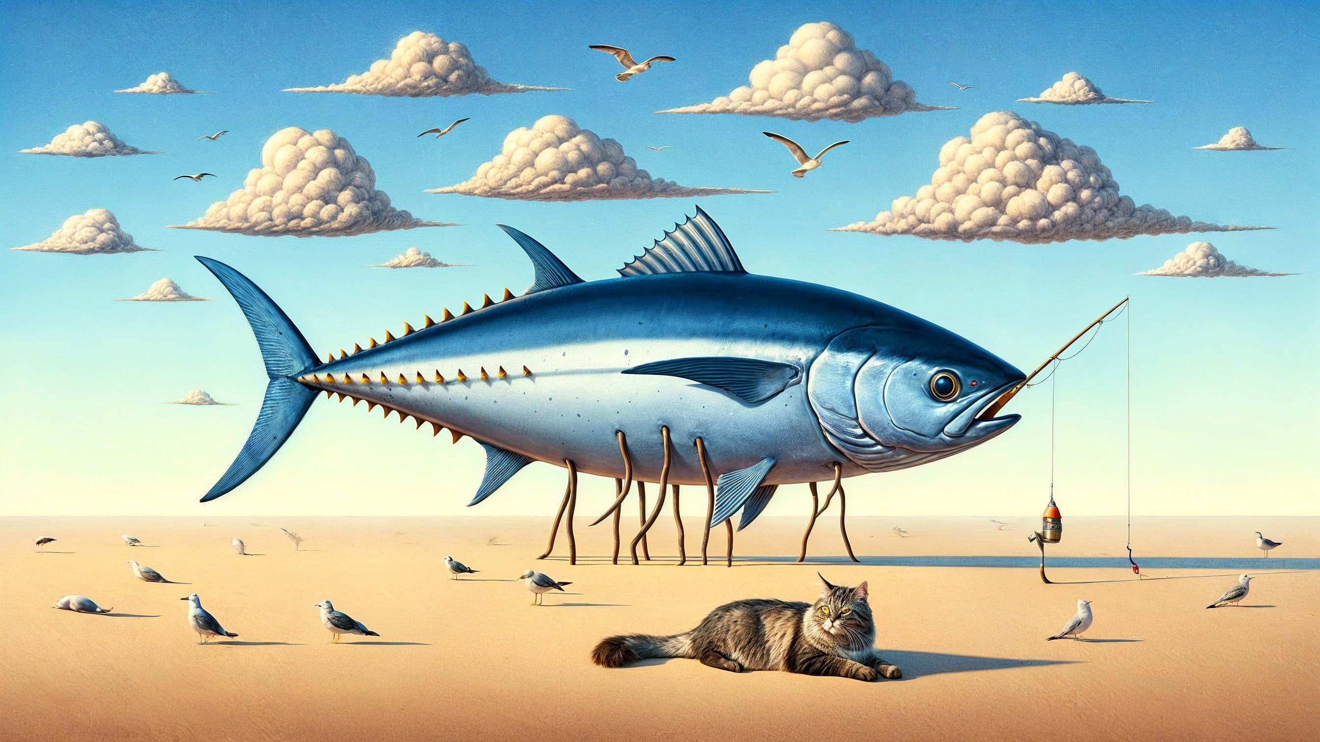 Giant Blue Fish in Surreal Landscape with Cat and Seagulls