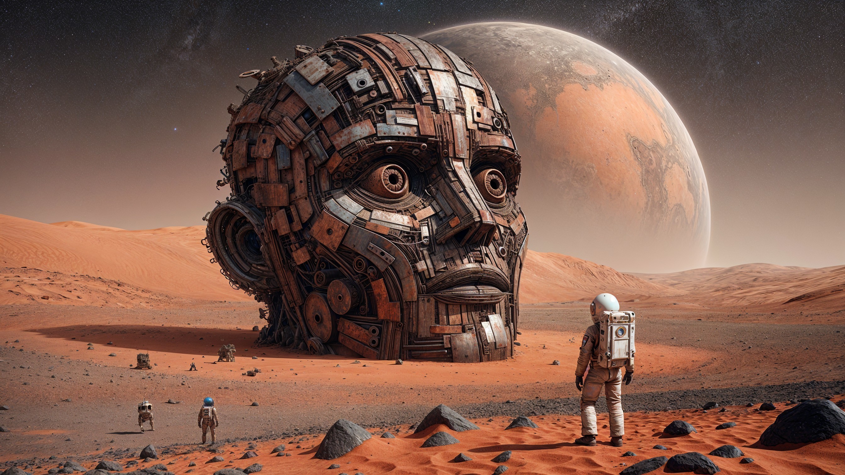 Surreal Martian Landscape with Metallic Sculpture and Astronauts