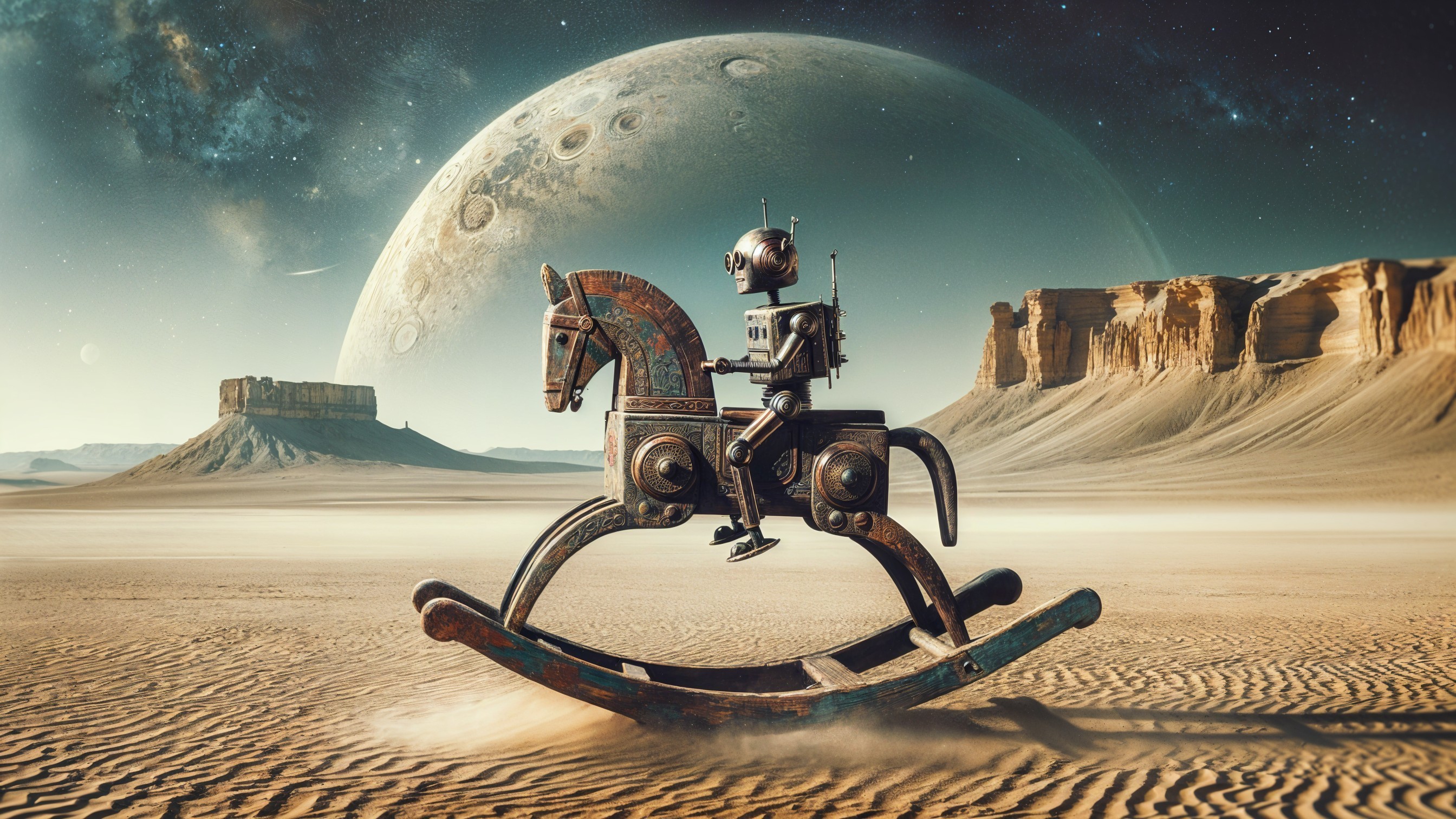 Futuristic Robot on Vintage Rocking Horse in Alien Desert