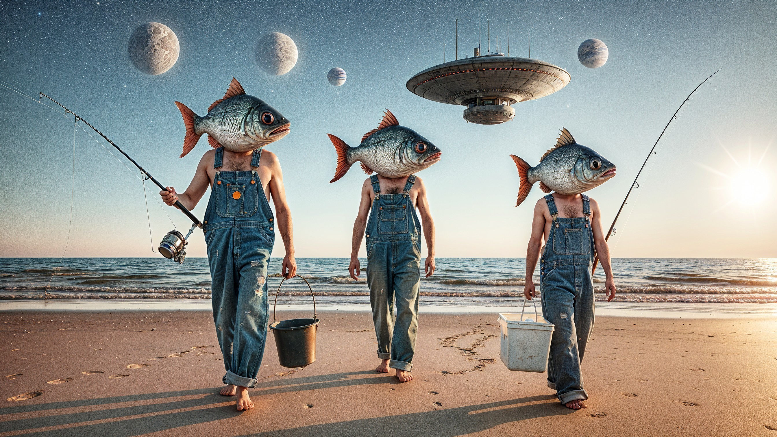 Surreal Beach Scene with Fish-Head Figures and Spaceship